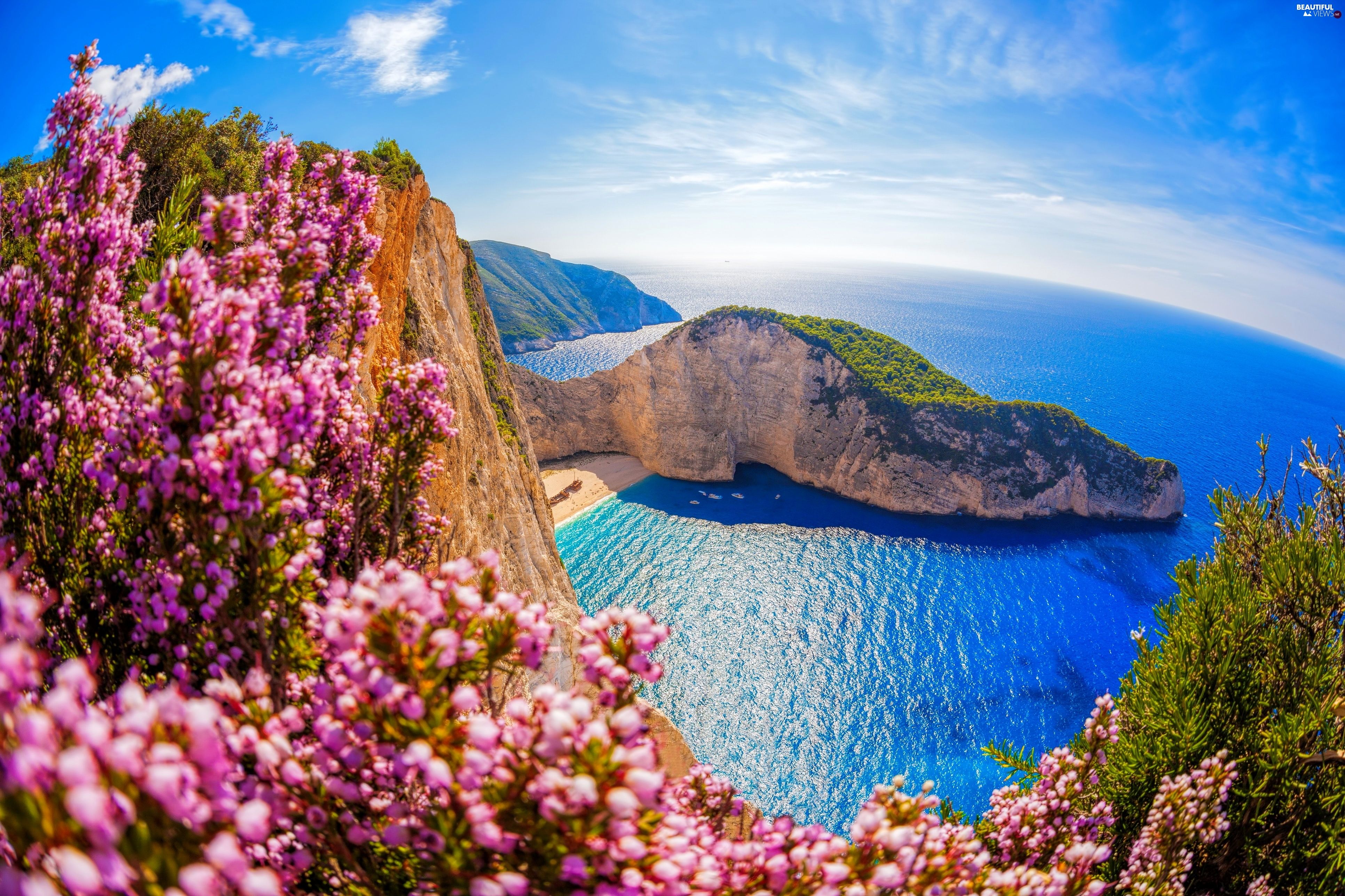 Gulf, sea, Zakynthos Island, Navagio Beach, Greece views wallpaper: 3865x2576