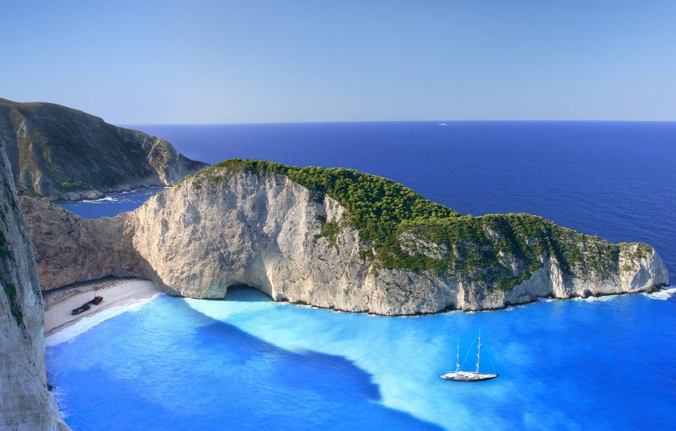 Wallpaper beach, clouds, rocks, island, Greece, The Ionian sea, Zakynthos, Shipwreck image for desktop, section пейзажи