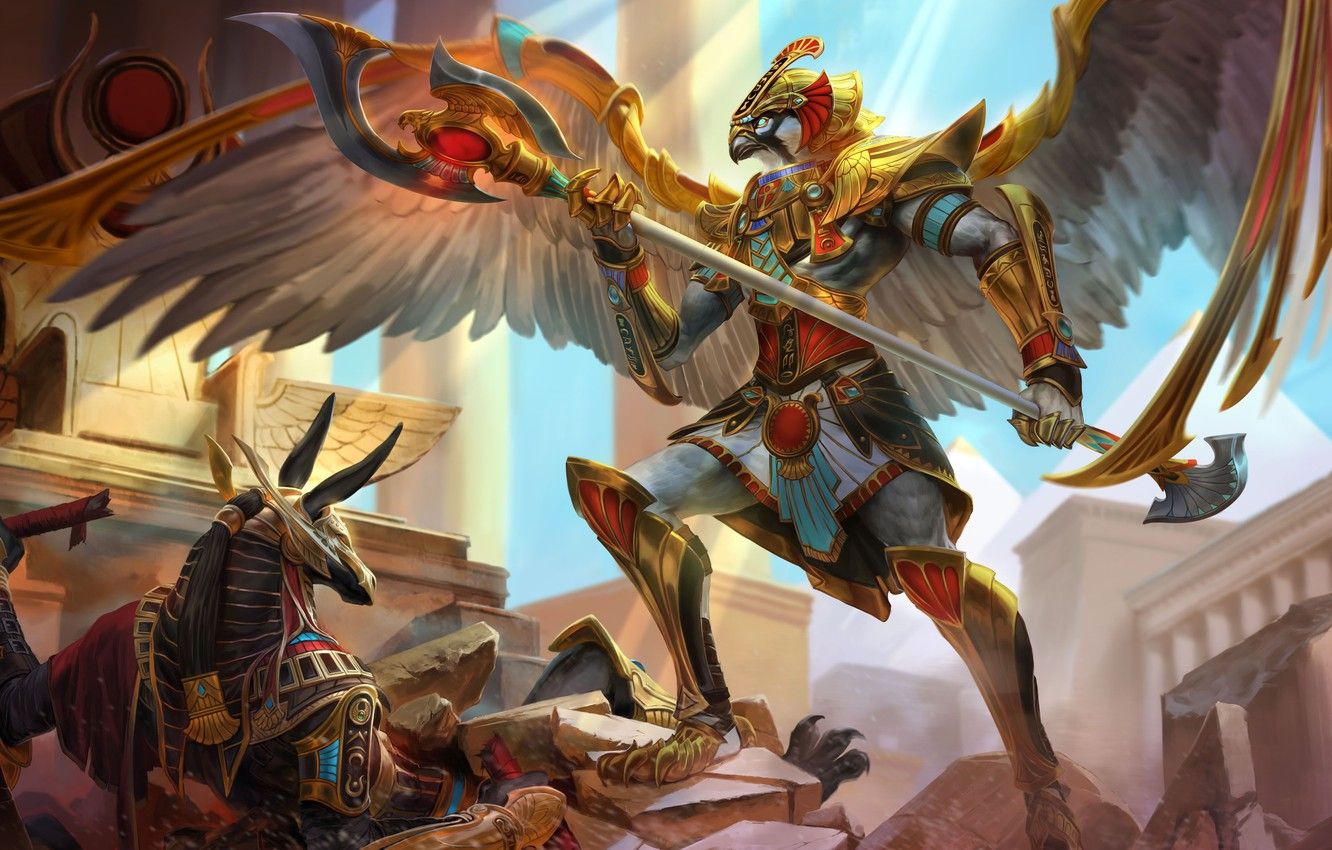 Wallpaper Wings, Egypt, Fantasy, Art, Art, Egypt, Fiction, God, God, Wings, The gods, Horus, Character, Anubis, Anubis, Mountains image for desktop, section игры