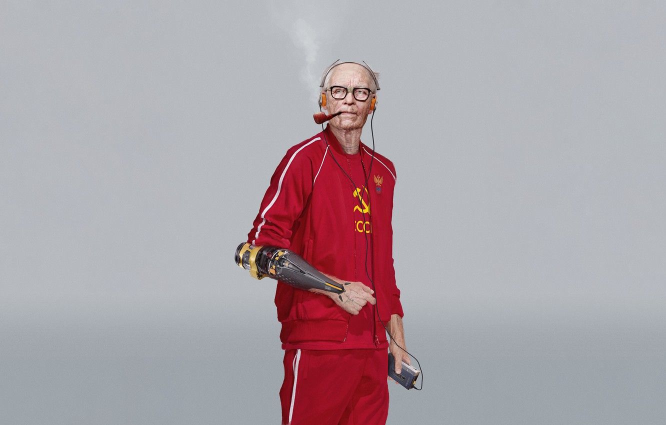 Wallpaper USSR, Art, Music, Player, Man, Characters, Cyber, Science Fiction, Old man, Cyberpunk, Grandfather, Futuristic, Eastern Promises, Smoking pipe, Christian Rinaldi, Prosthetic image for desktop, section минимализм