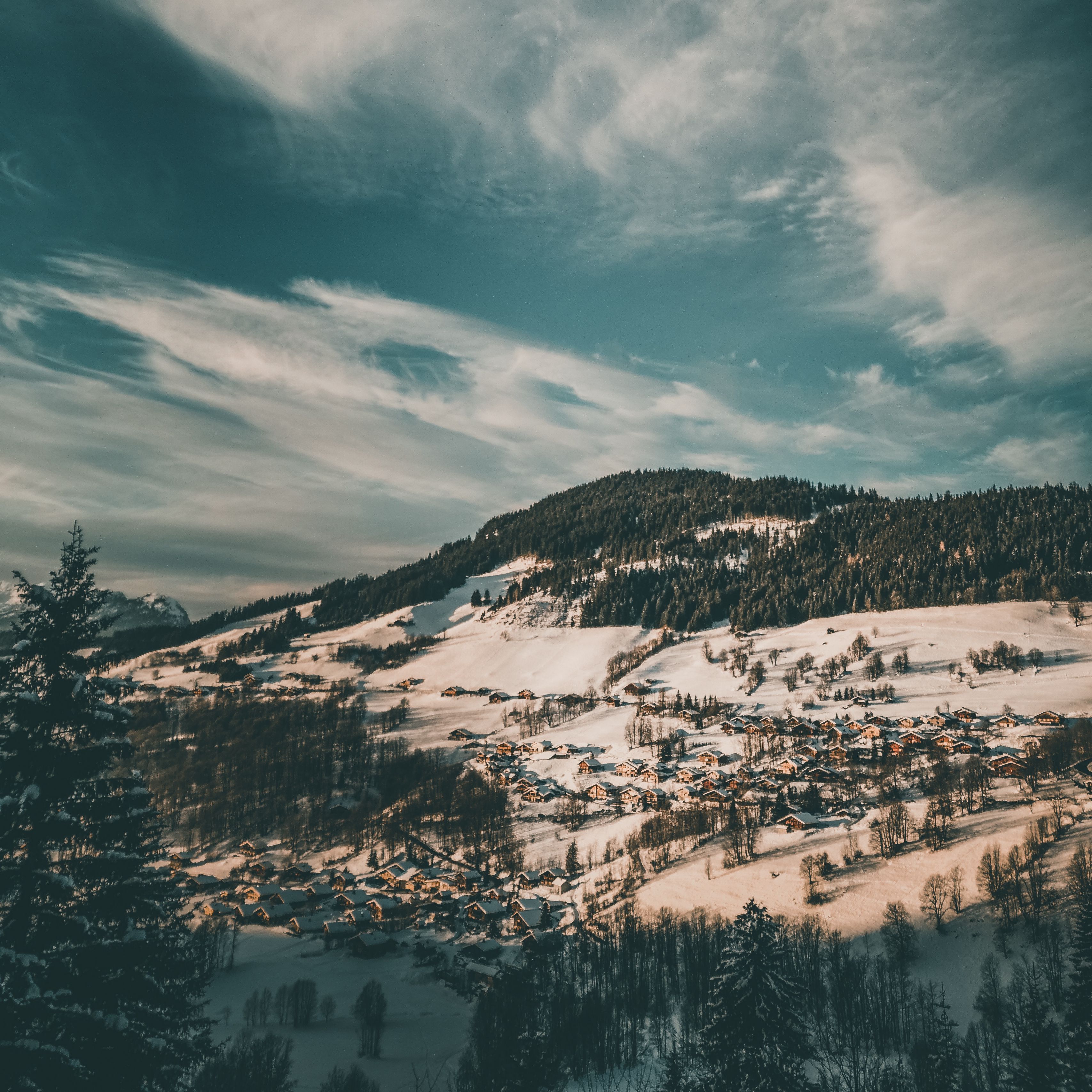 Download wallpapers 3415x3415 winter, forest, village, snow, aerial view, clouds ipad pro 12.9 retina for parallax hd backgrounds