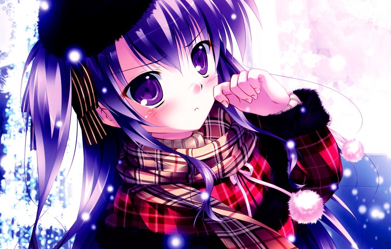 Wallpaper Winter, Girl, Snow, Snowflakes, Anime, Scarf, Art, POM Poms, Mikeou, KSEZ Image For Desktop, Section прочее