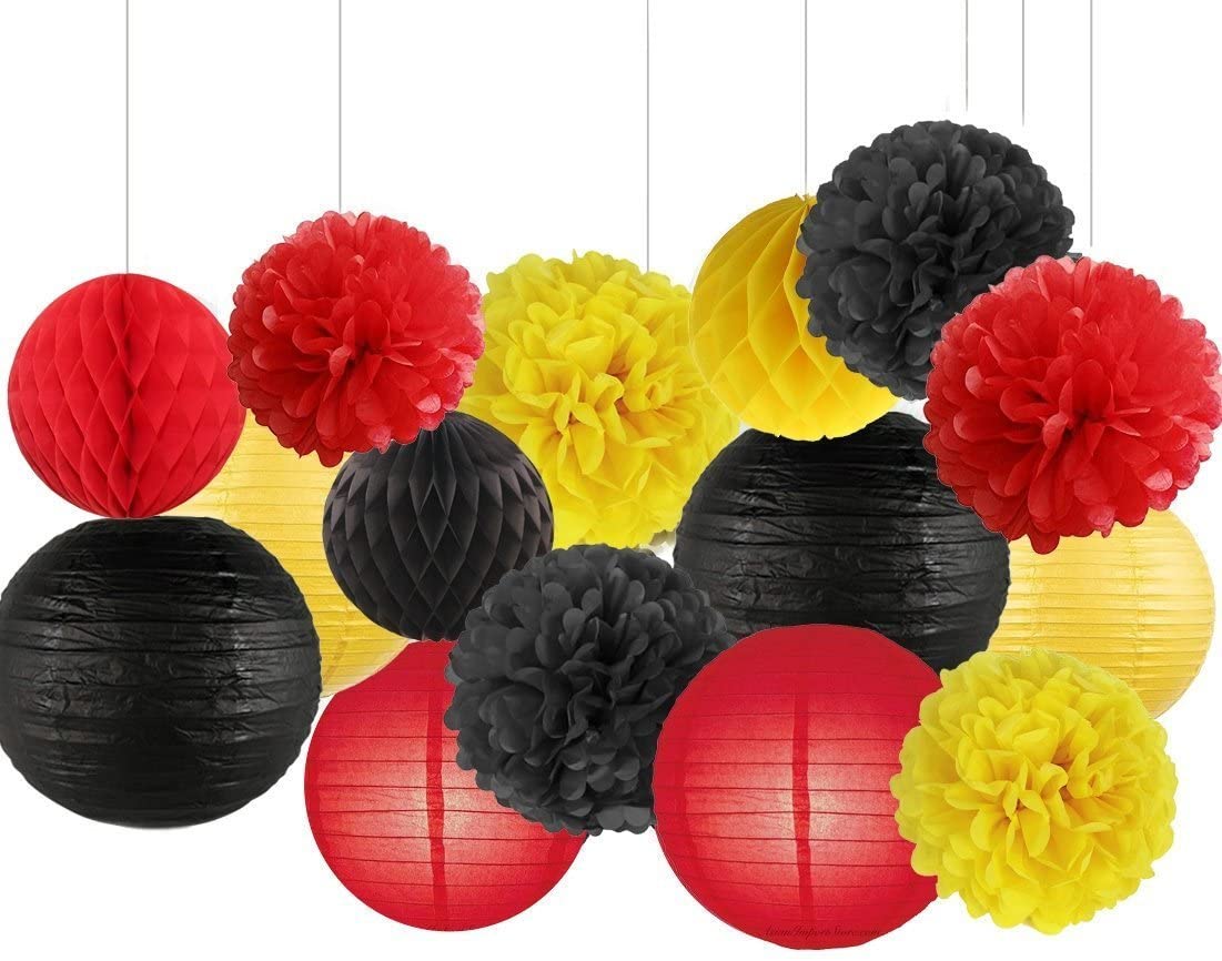 Yellow Black Red Party Decor Kit Tissue Paper Pom Poms Flower Paper Lantern Paper Honeycomb Balls Party Hanging Decoration Favor for First 1st Birthday Girl Princess Ballerina Theme Decorations Kit: Arts