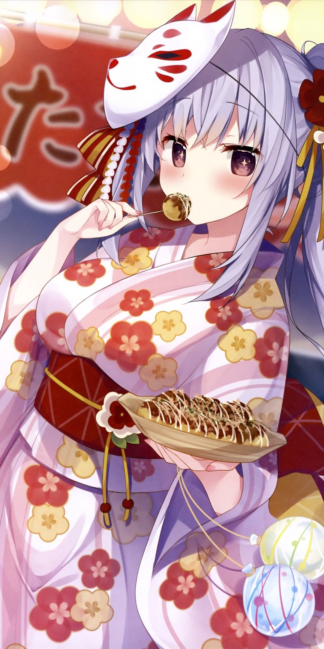 Download 1080x2160 Anime Festival, Kimono, Girl, Mask, Eating Snack, Cute Wallpaper for Huawei Mate 10