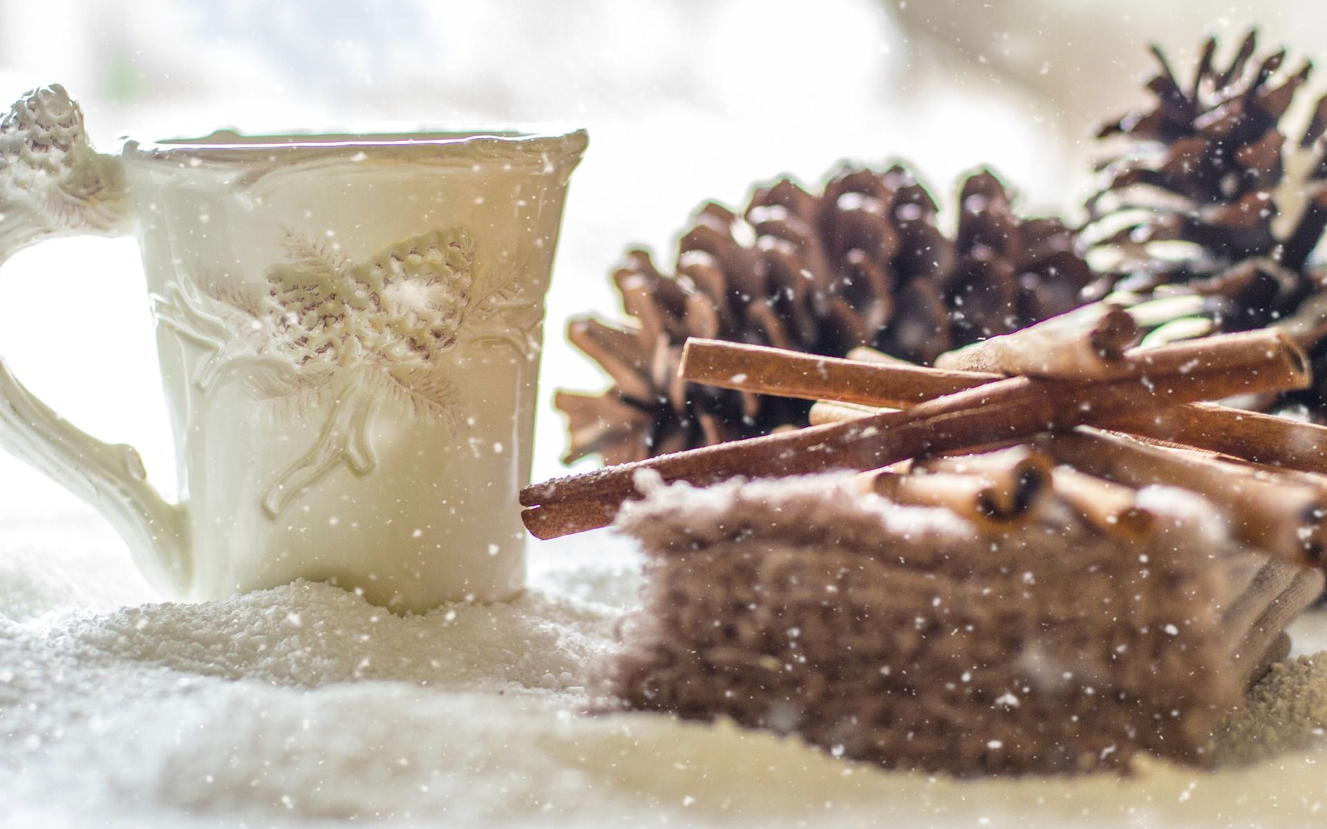 Desktop Wallpaper Pine Cones, Snow, Winter, Coffee Cup, HD Image, Picture, Background, Mv2nkg