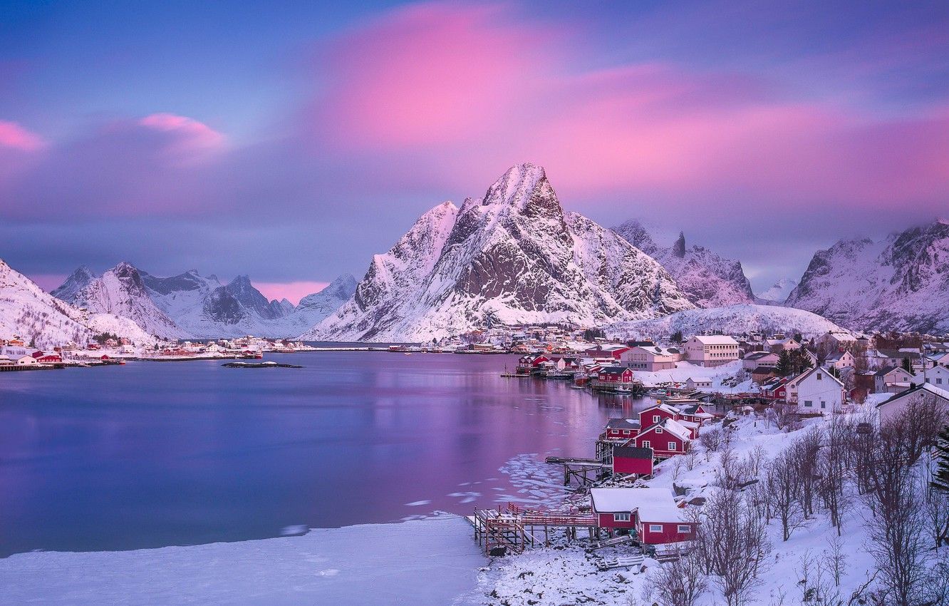 Wallpaper light, morning, Norway, town, the village, The Lofoten Islands, pink sky image for desktop, section пейзажи