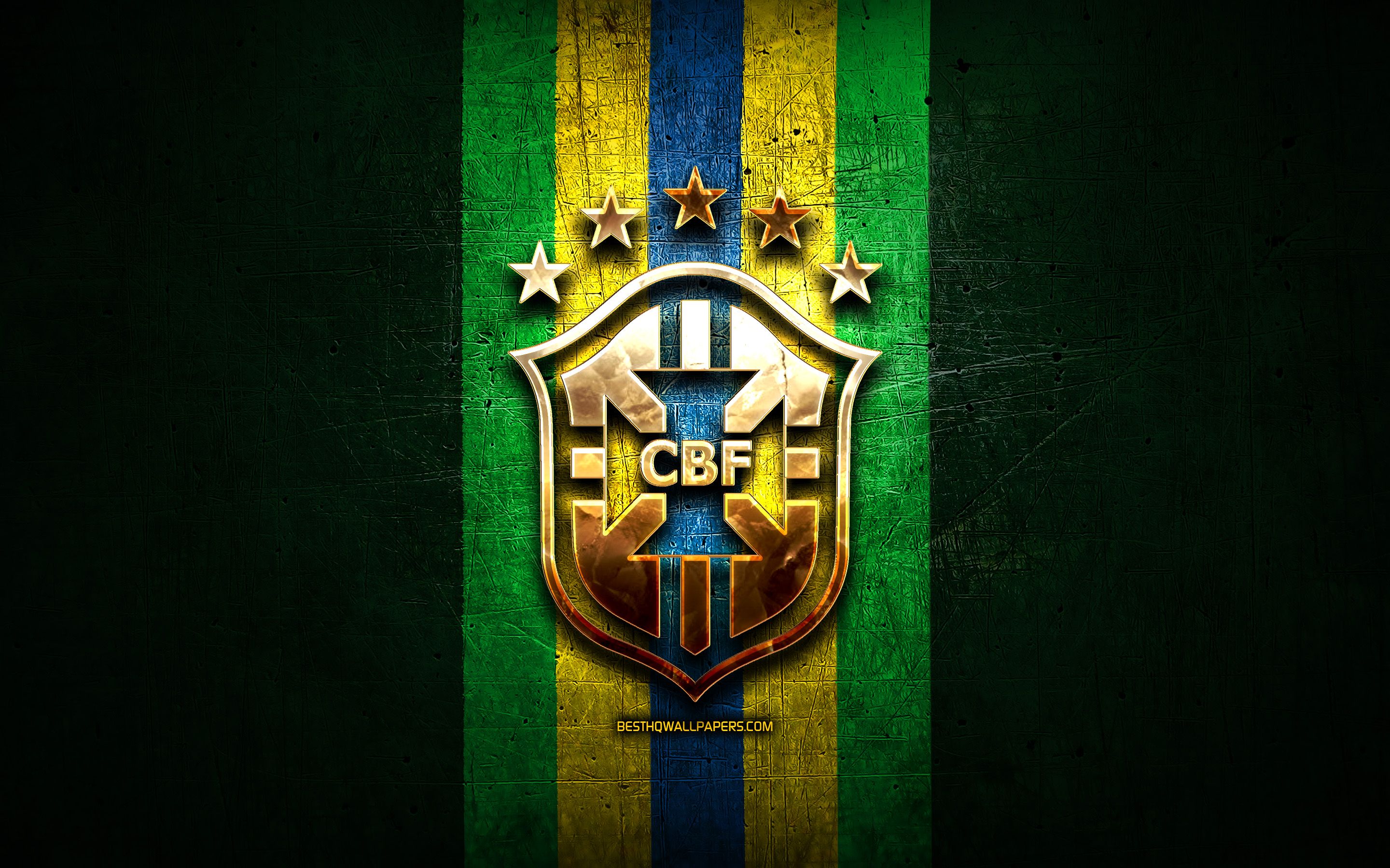 Download wallpaper Brazil National Football Team, golden logo, South America, Conmebol, green metal background, Brazilian football team, soccer, CBF logo, football, Brazil for desktop with resolution 2880x1800. High Quality HD picture wallpaper