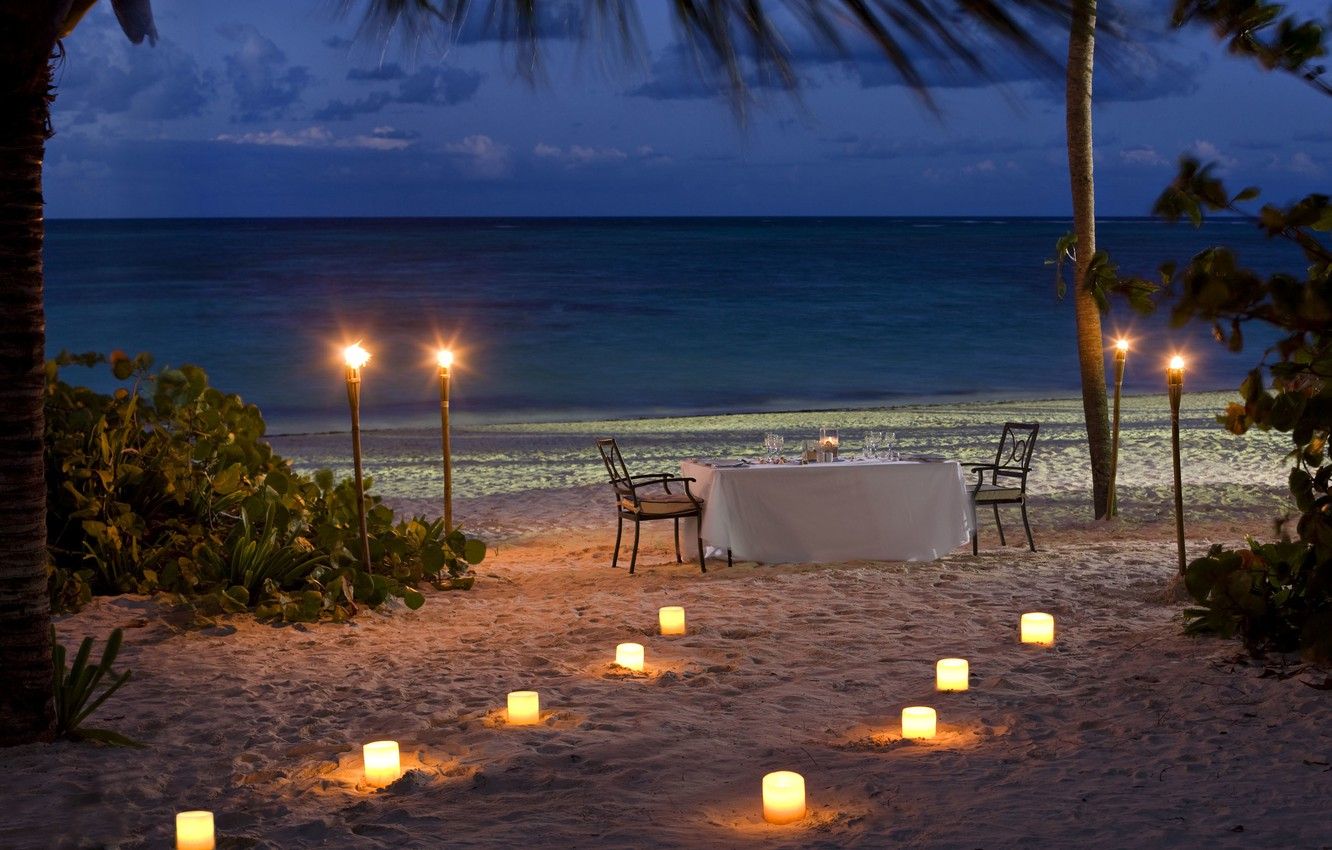 Wallpaper beach, the ocean, romance, the evening, candles, beach, ocean, sunset, view, romantic, dinner, dinner image for desktop, section настроения
