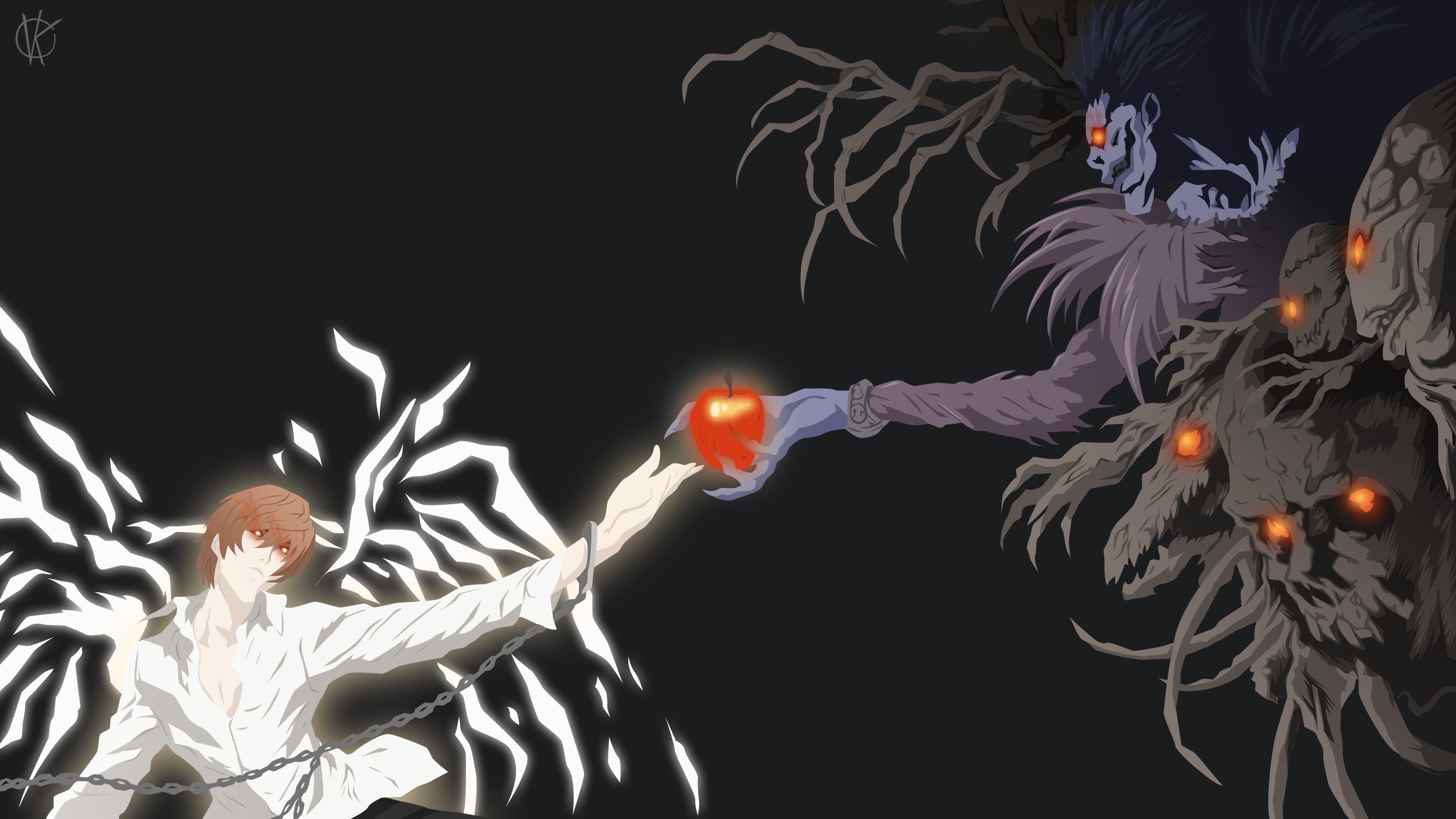 kira light yagami with handlock and ryuk with apple in hand death note 4k HD anime Wallpaper