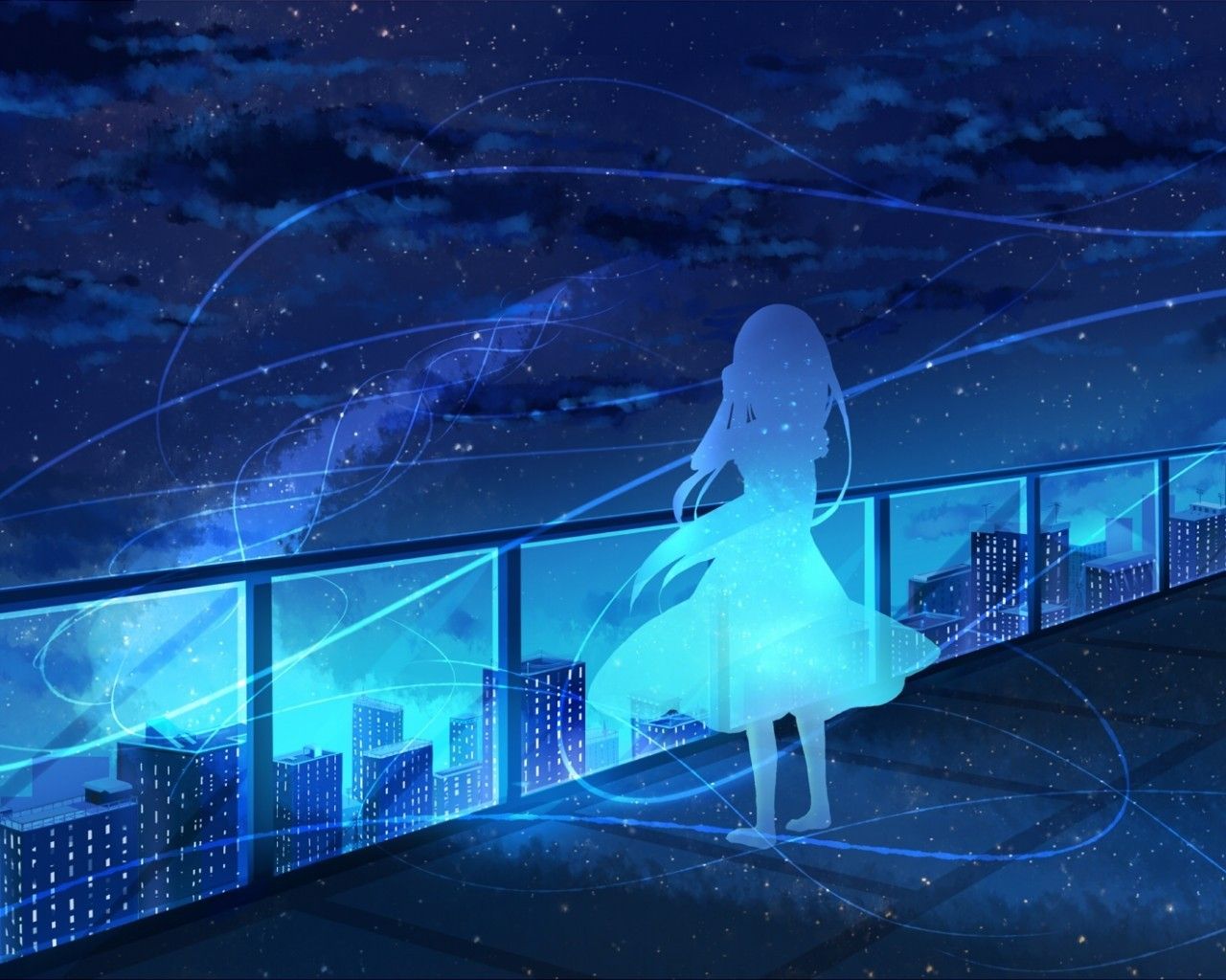 Download 1280x1024 Anime Girl Silhouette, Stars, Night, Rooftop, Fence, Scenic, Sky Wallpaper