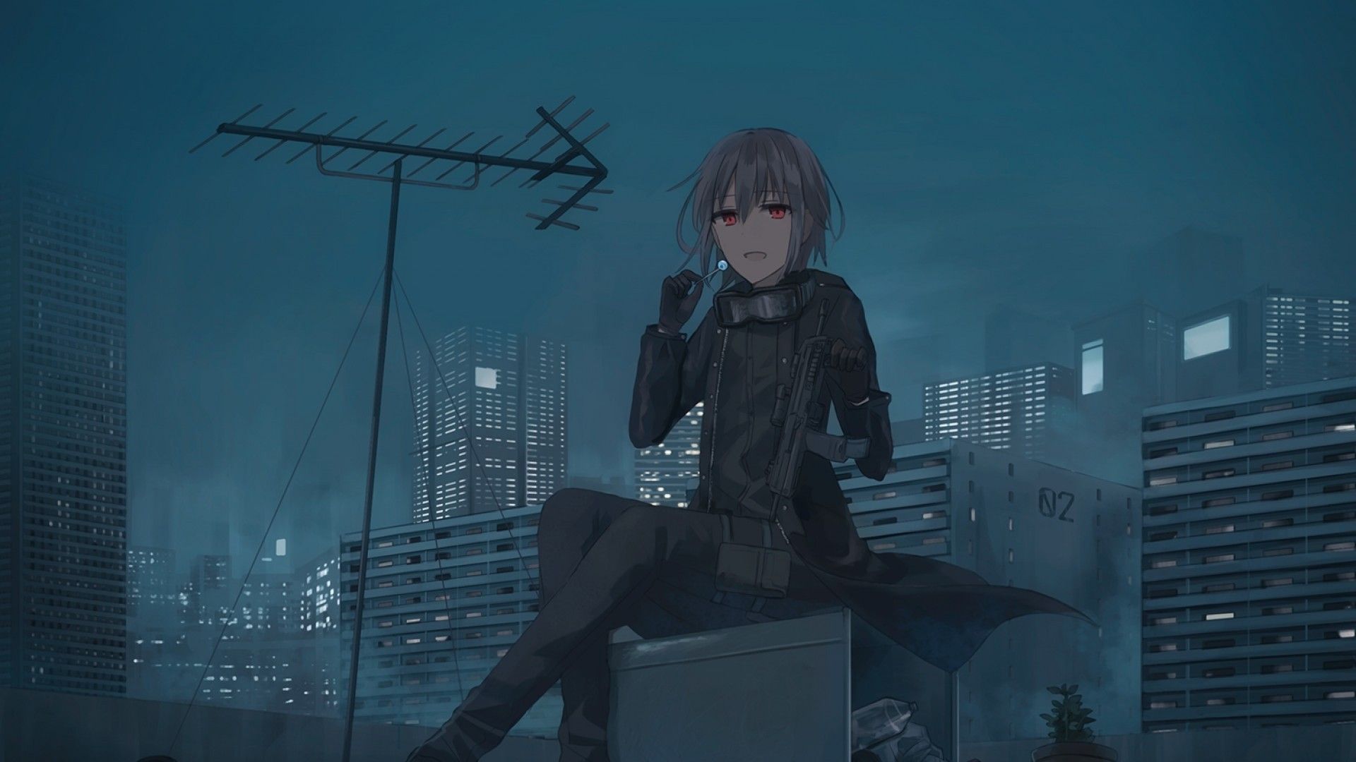 Download 1920x1080 Anime Boy, Candy, Red Eyes, Night, Rooftop, Clean Sky Wallpaper for Widescreen