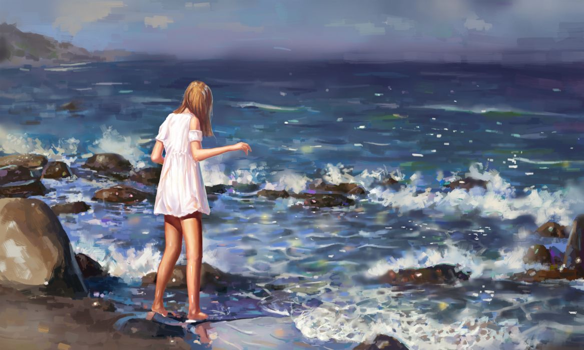 Anime girl semi realistic waves sea painting summer dress rocks wallpaperx3000