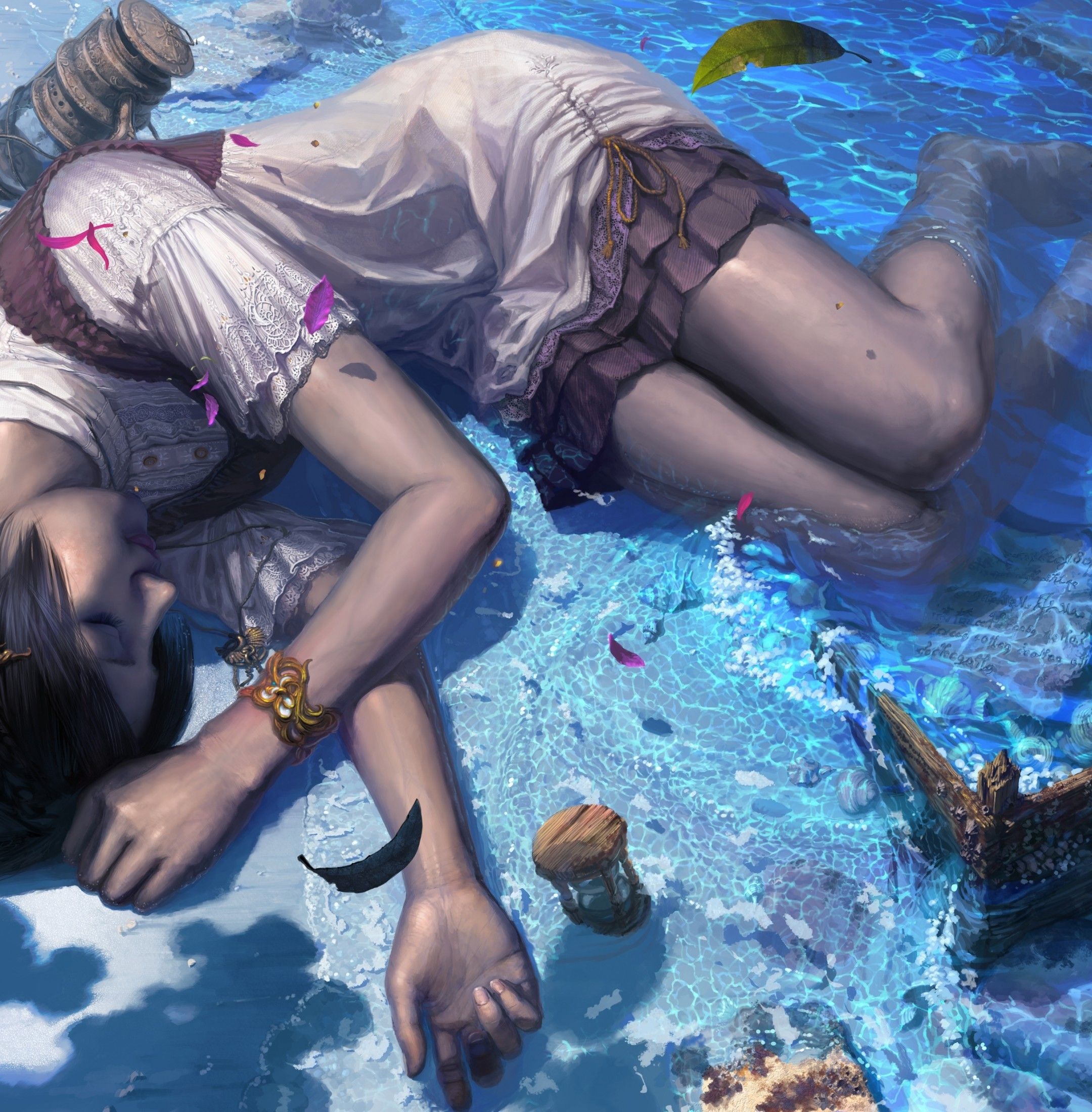 Download 2160x2200 Anime Girl, Ocean, Unconscious, Coast, Realistic, Dress, Leaf Wallpaper