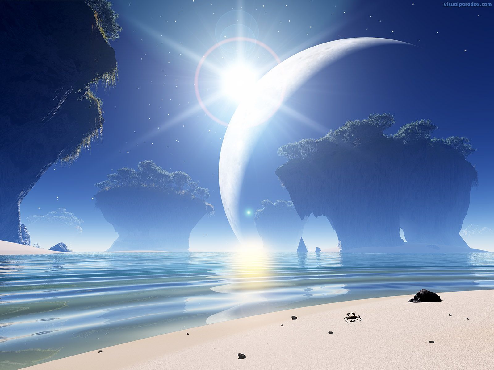 Alien ocean. Wallpaper Shine Moon Crab Alien Ocean Sea Waves Erosion Star Lens. Anime scenery wallpaper, Fantasy landscape, Planets art