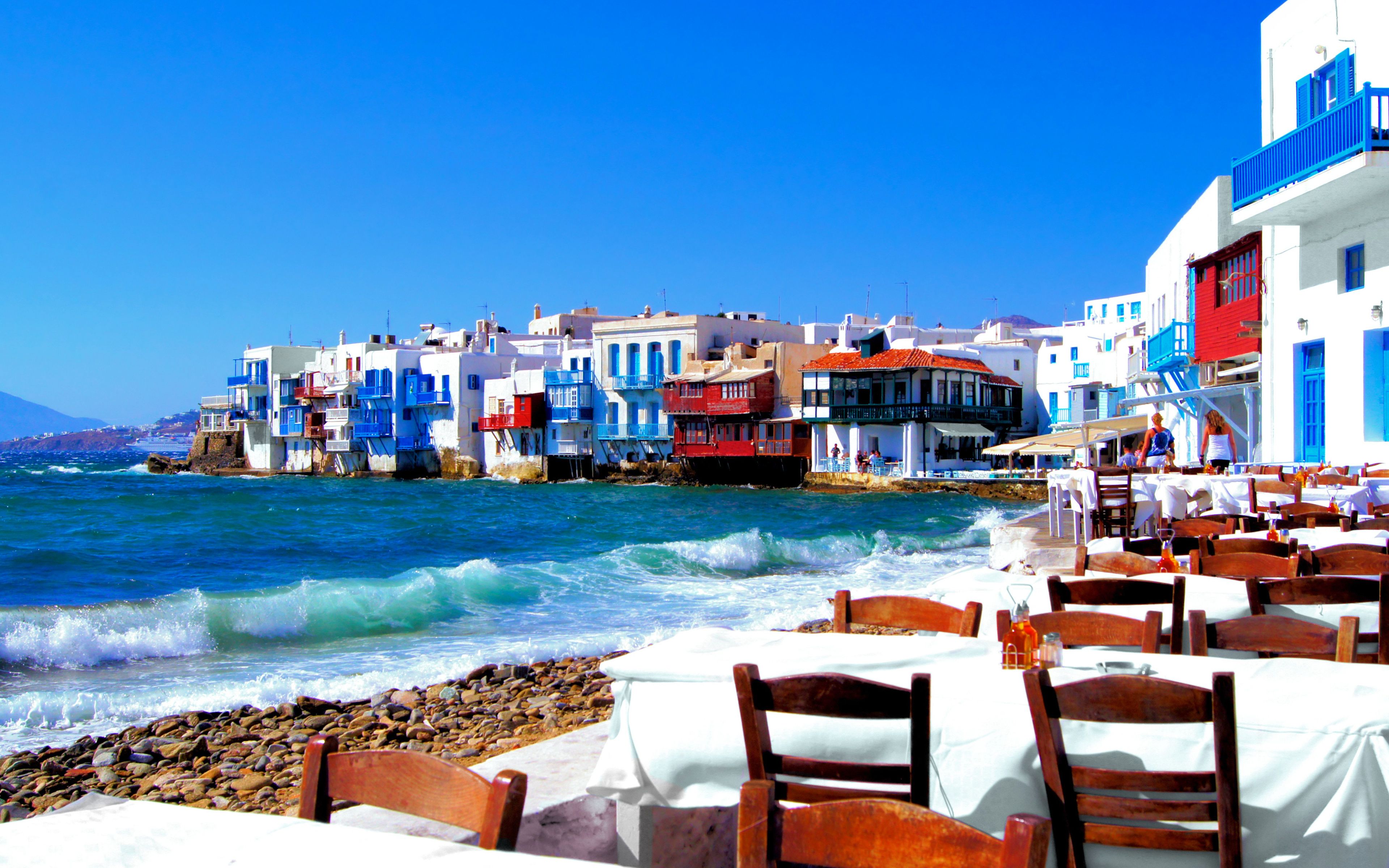 Download wallpaper 4k, Mykonos, coast, cafe, summer, sea, Mykonos island, Greece for desktop with resolution 3840x2400. High Quality HD picture wallpaper
