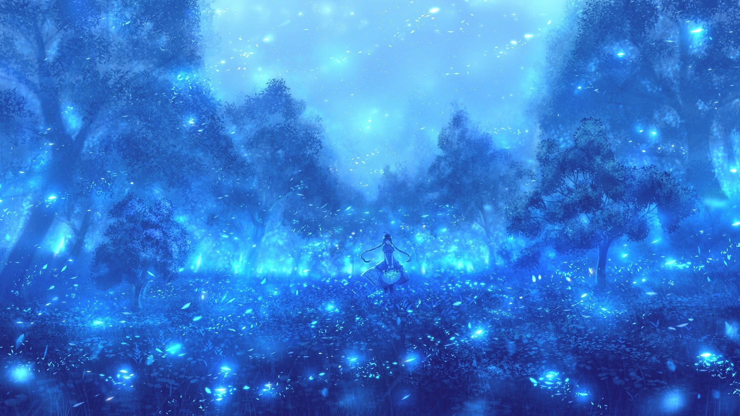 Download 2560x1440 Anime Landscape, Scenery, Anime Gir, Dress, Blue Particles Wallpaper for iMac 27 inch