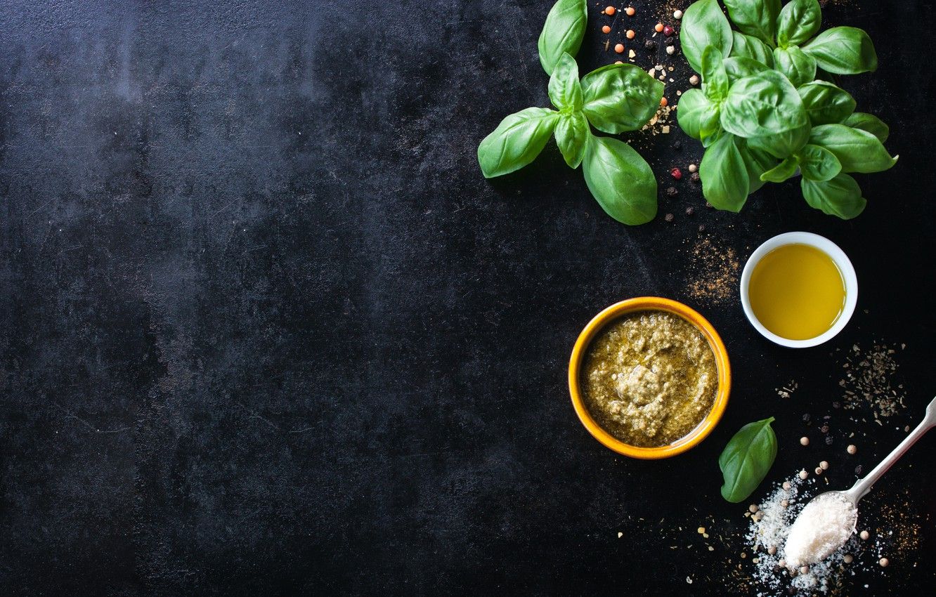 Wallpaper spoon, sauce, salt, olive oil, Basil, pesto image for desktop, section еда