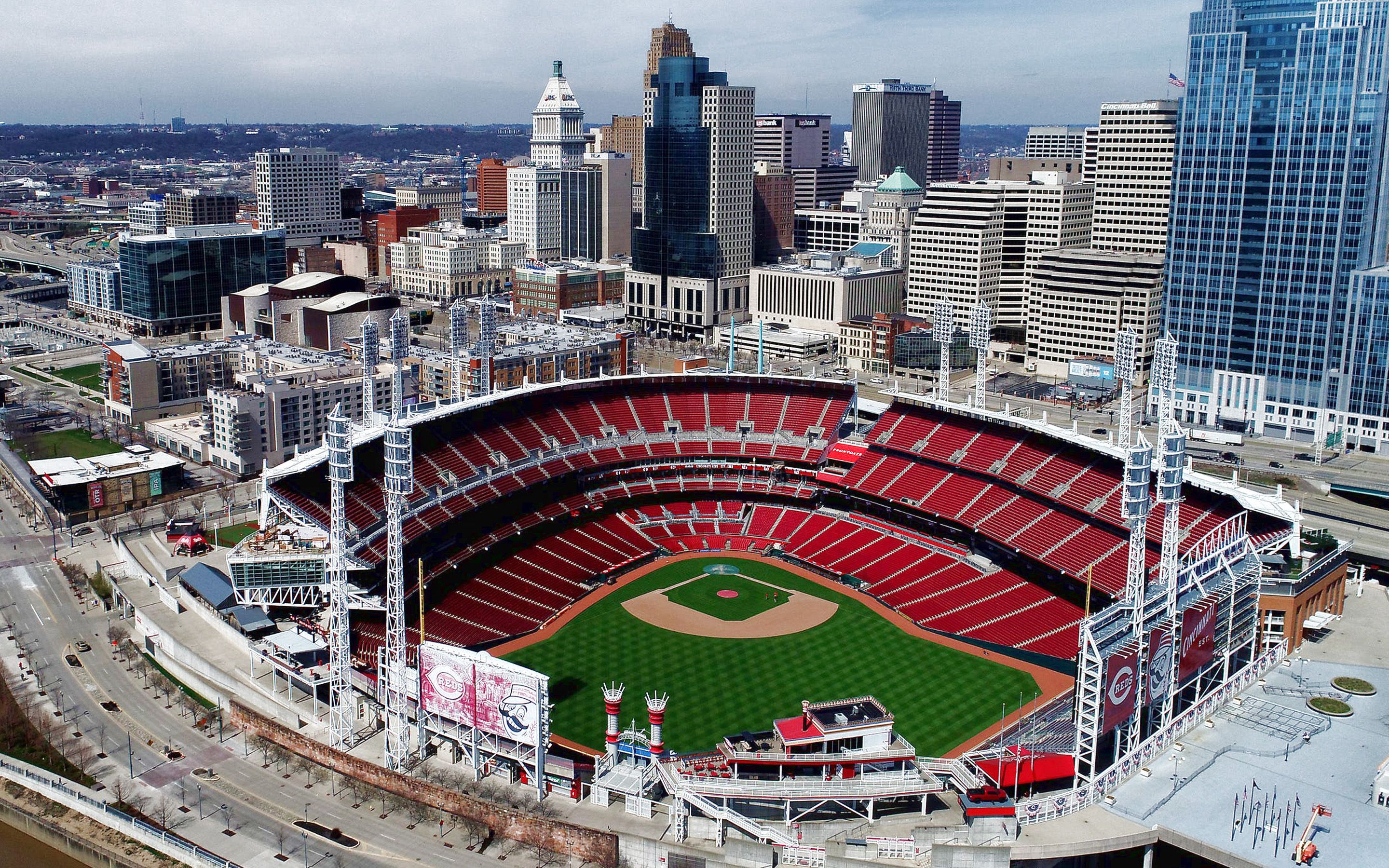 Download wallpaper Great American Ball Park, baseball stadium, Cincinnati Reds stadium, Cincinnati, Ohio, MLB, baseball, Cincinnati cityscape, skyscrapers, Cincinnati Reds, Major League Baseball, USA for desktop with resolution 2880x1800. High Quality HD