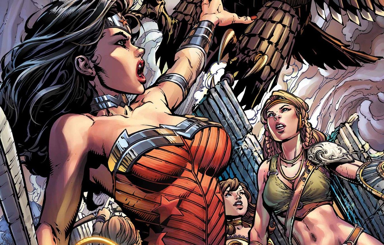 Wallpaper sword, fantasy, Wonder Woman, girls, blue eyes, comics, battle, digital art, artwork, superhero, shield, costume, warrior, fantasy art, DC Comics, Diana Prince image for desktop, section фантастика