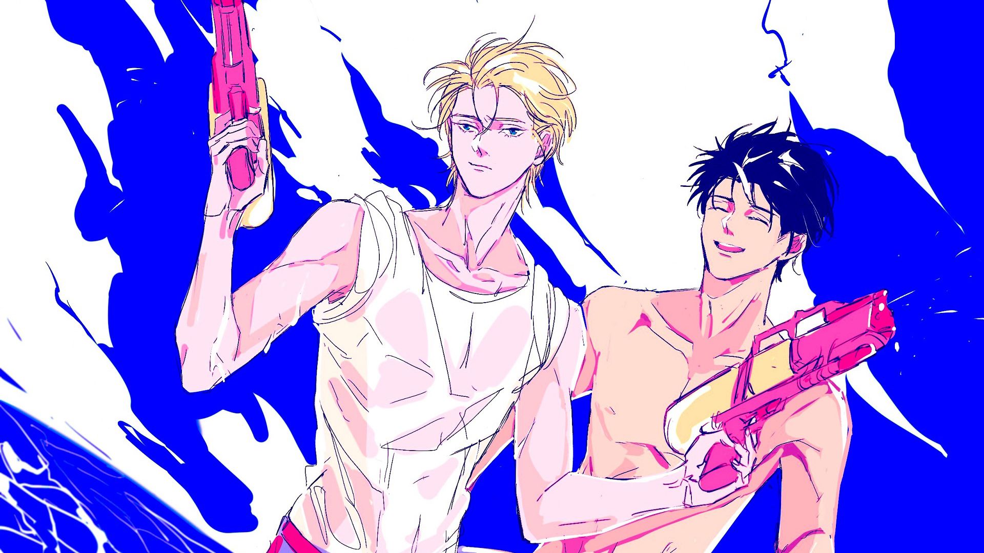 Ash Lynx Eiji Okumura With Gun In Blue White Background HD Banana Fish Anime Wallpaper