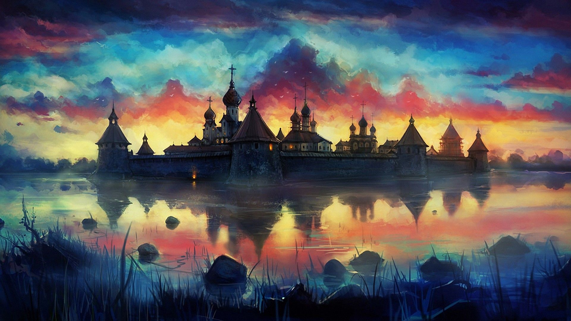 #colorful, #drawing, #painting, #monastery, #clouds, #reflection, wallpaper