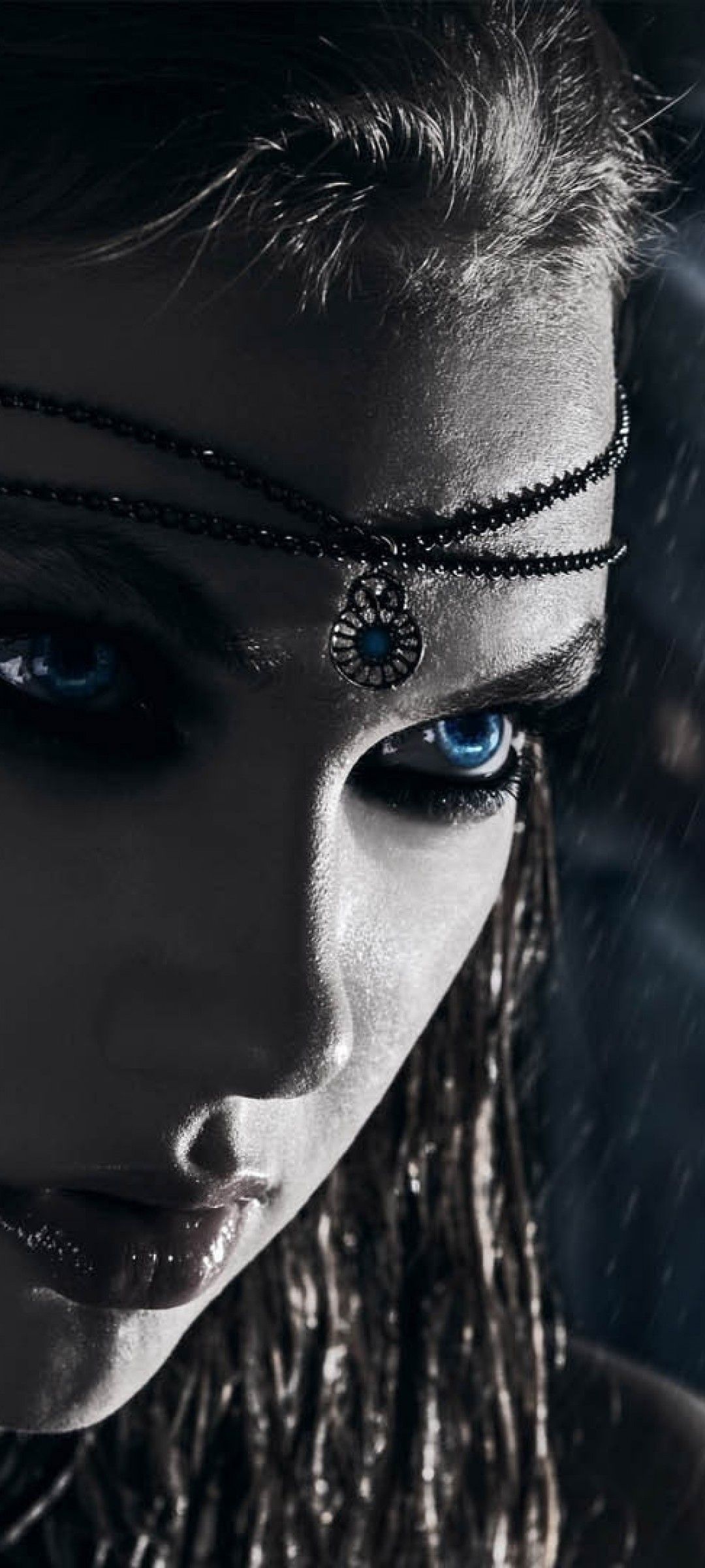 Download 1080x2400 Fantasy Woman, Pretty, Blue Eyes, Jewelry, Raining, Witch Wallpaper for Samsung Galaxy Note 20 & S20 FE, Xiaomi Mi 10T Pro, Poco F2 Pro