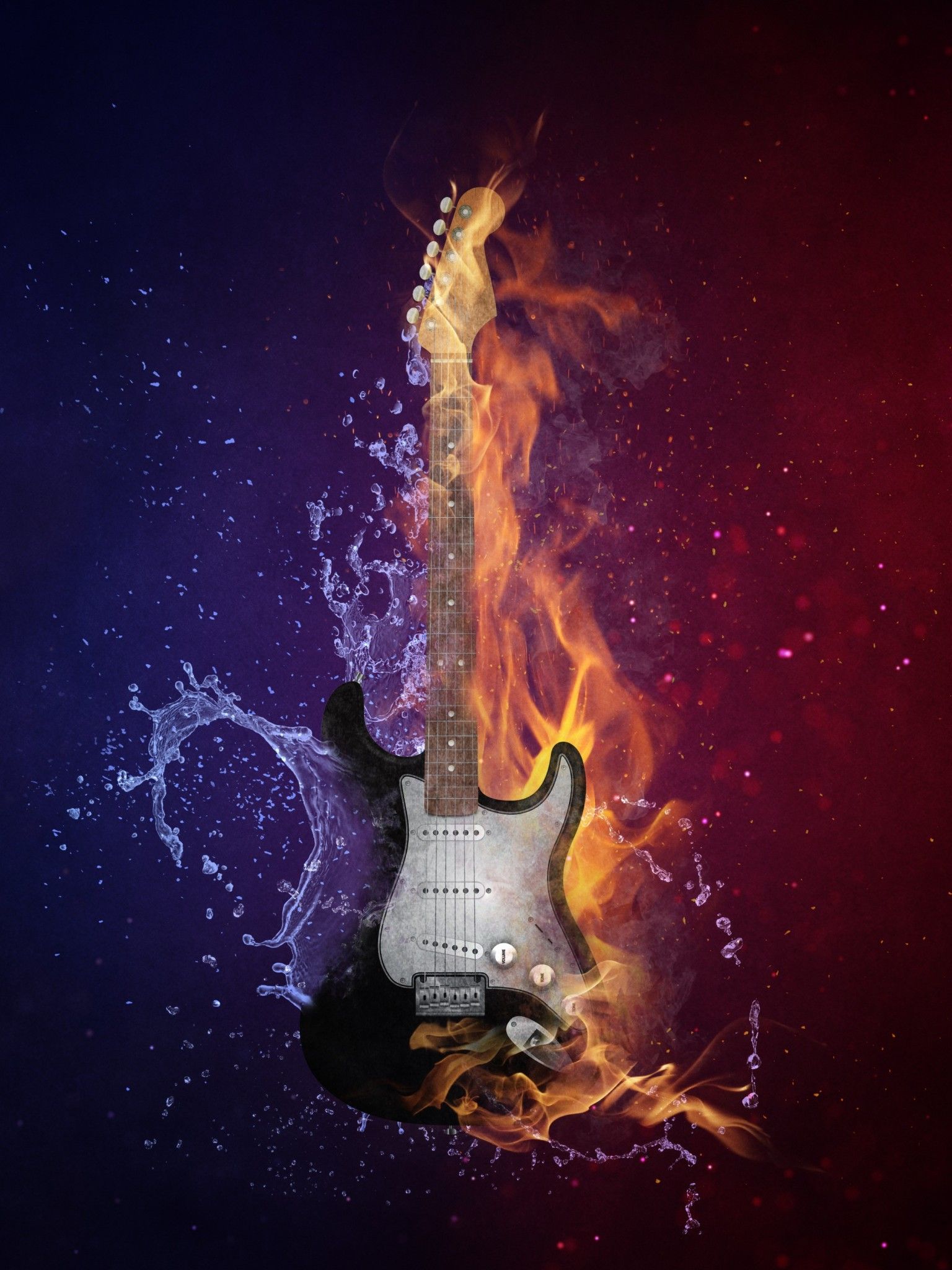 Electric Guitar 4K Wallpaper, Instrument, Dark background, Fire, Water, Purple, Violet, 5K, Photography