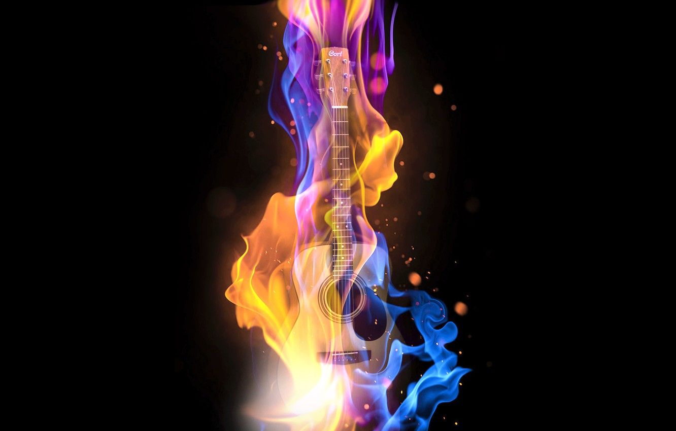 Wallpaper music, fire, guitar, bass, bass guitar image for desktop, section музыка