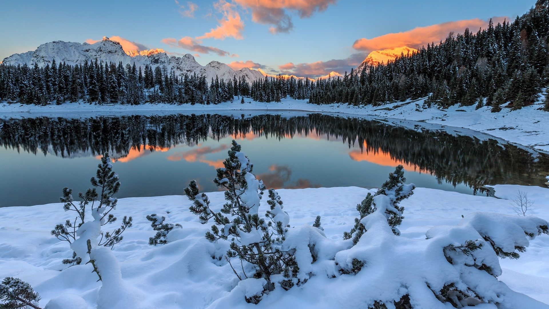 Colorful winter sunrise on Lake Palù, Malenco Valley, Valtellina, Lombardy, Italy. Windows 10 Spotlight Image