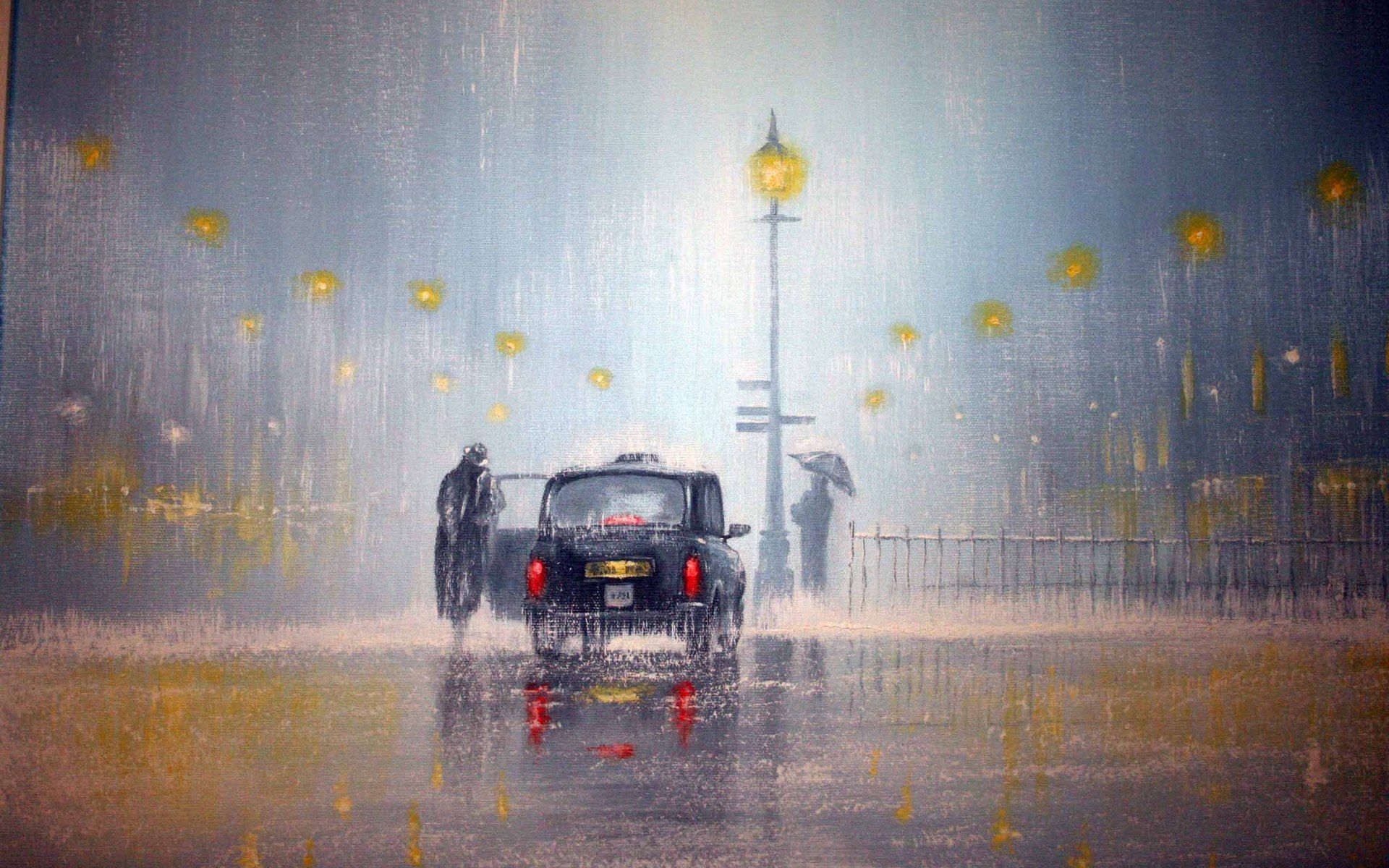 Artistic paintings london storm rain rainfall vehicles cars umbrella wallpaperx1200