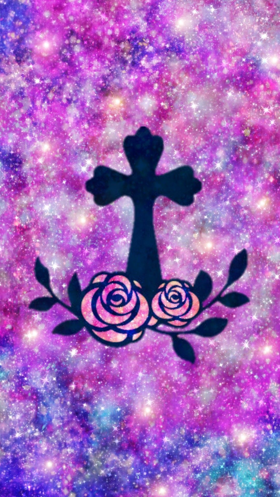 Floral Cross Galaxy, made by me #purple #sparkly #wallpaper #background #sparkles #glitter. Wallpaper iphone neon, Cute wallpaper background, Pretty wallpaper