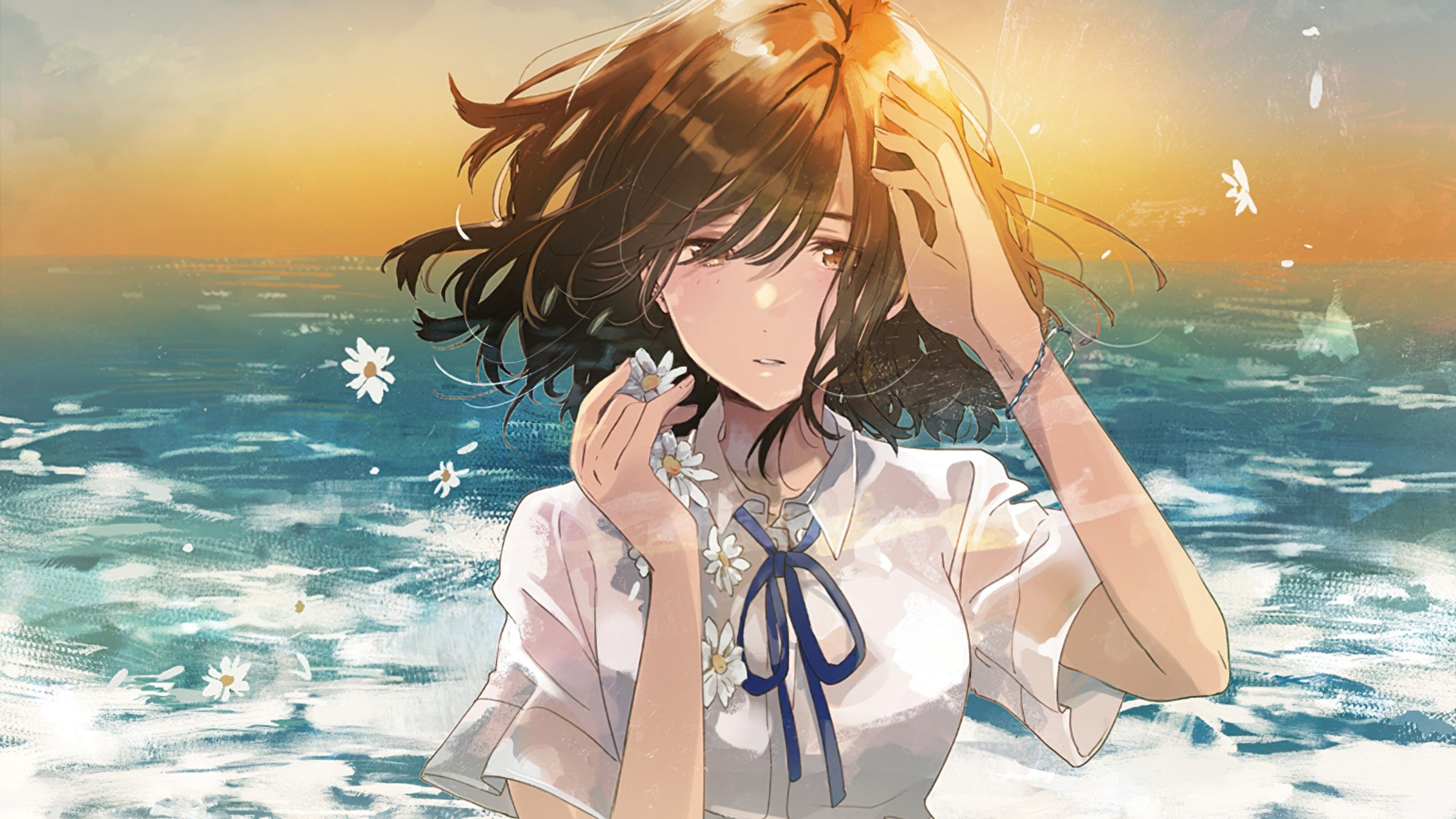 Download 3840x2160 Anime Girl, Sad Expression, Ocean, Horizon, Sunset, Short Brown Hair Wallpaper for UHD TV