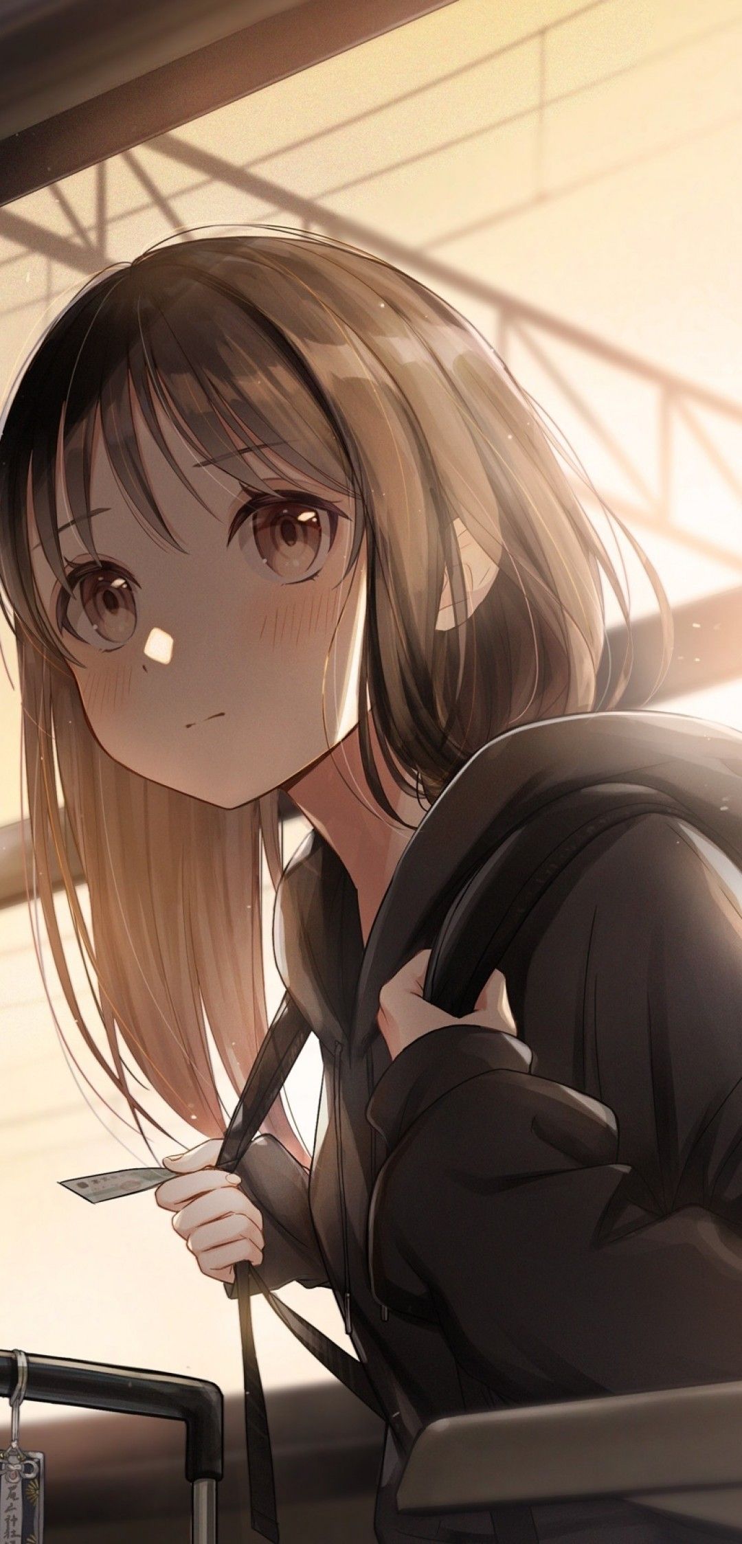 Download 1080x2248 Cute Anime Girl, Hoodie, Short Hair, Train, Brown Hair Wallpaper for Xiaomi Mi 8 Pro