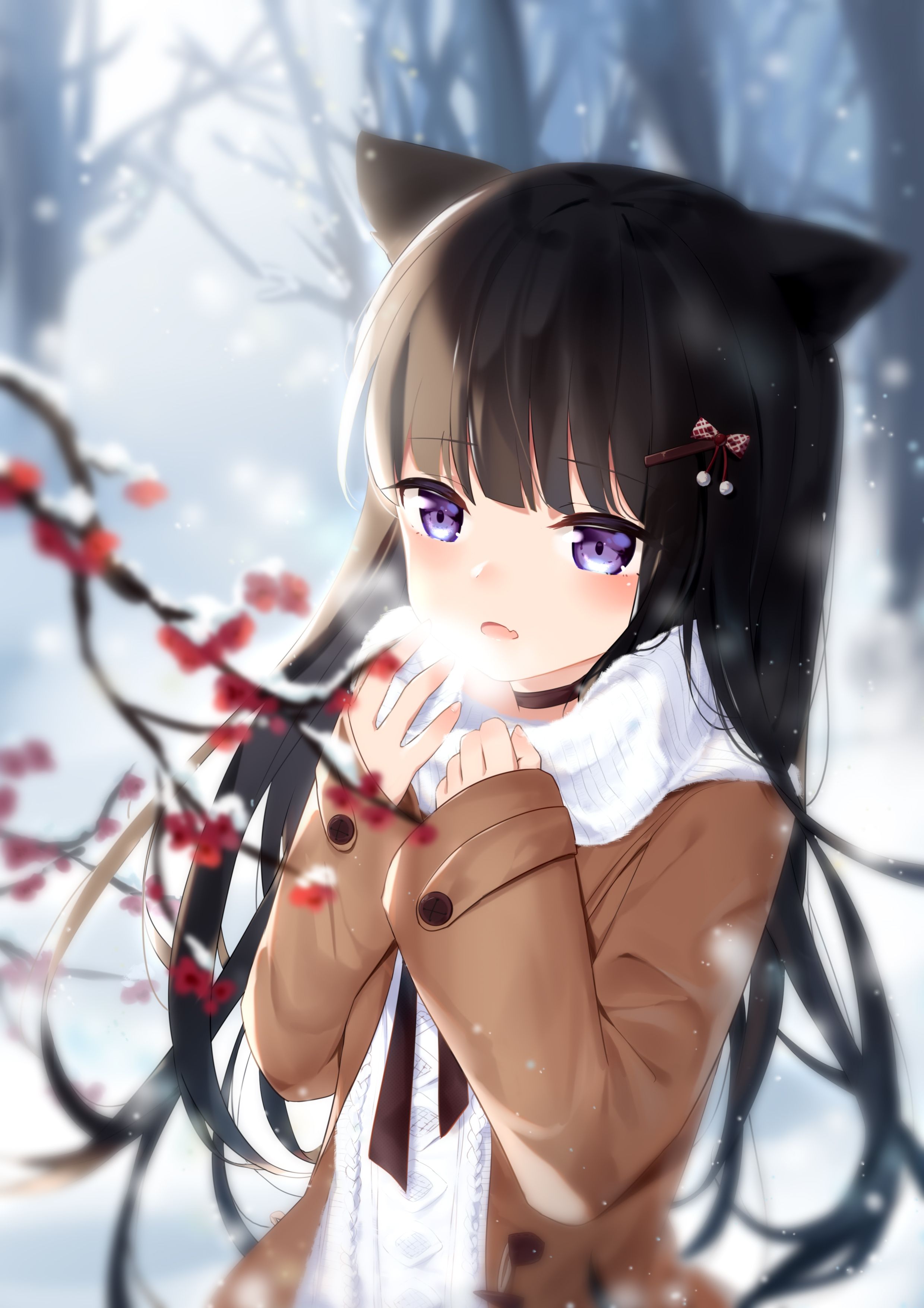 Download 2480x3508 Winter, Animal Ears, Cold, Anime Girl, Brown Hair Wallpaper