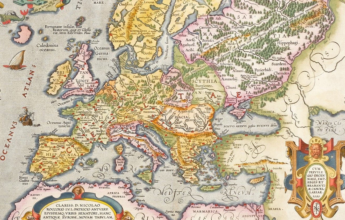 Wallpaper Europe, old maps, old maps, Hand coloured engraved map, ancient Europe, Antwerp, Abraham Ortelius, Abraham Ortelli, Antwerp - for desktop, section разное