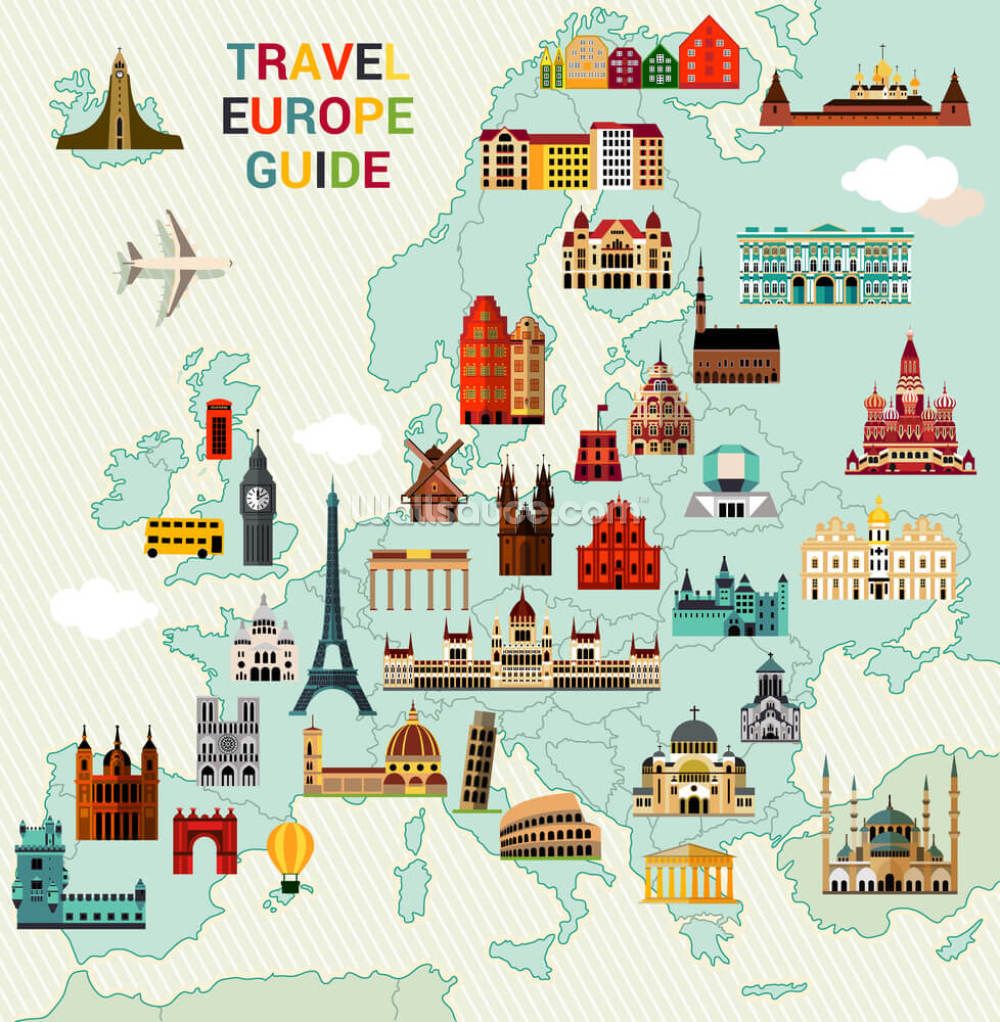 Europe Travel Map Wallpaper Mural .wallsauce.com · In stock