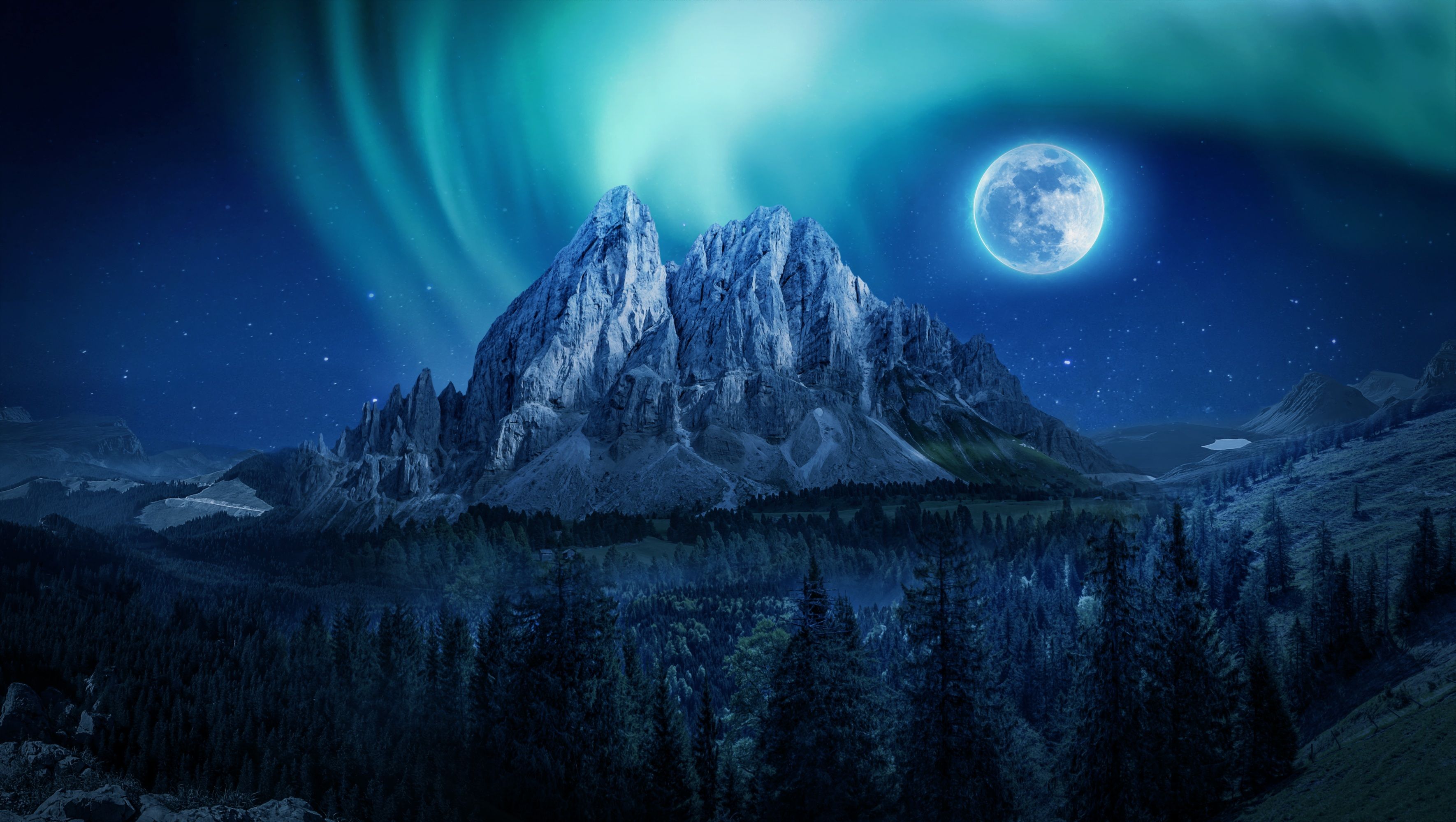 Moon Wallpaper 4K, Aurora Borealis, Mountains, Winter, Forest, Nature