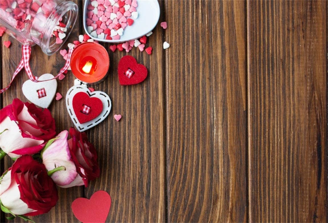 CSFOTO 5x3ft Background for Sweet Heart Candy Rose on Rustic Wood Photography Backdrop Valentine Day Surprise Gift Candle Romantic Date Day Celebration Photo Studio Props Polyester Wallpaper
