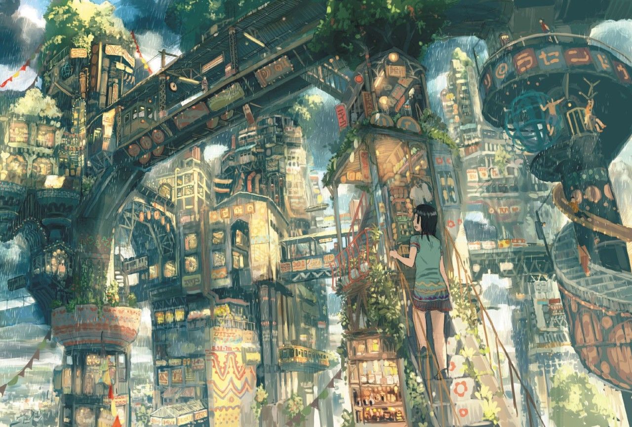 Lexica - Realistic Solarpunk utopian house, from the roof, many trees and  plants, tall terrace, hills, in style of Studio Ghibli anime. manga art.  Ma...