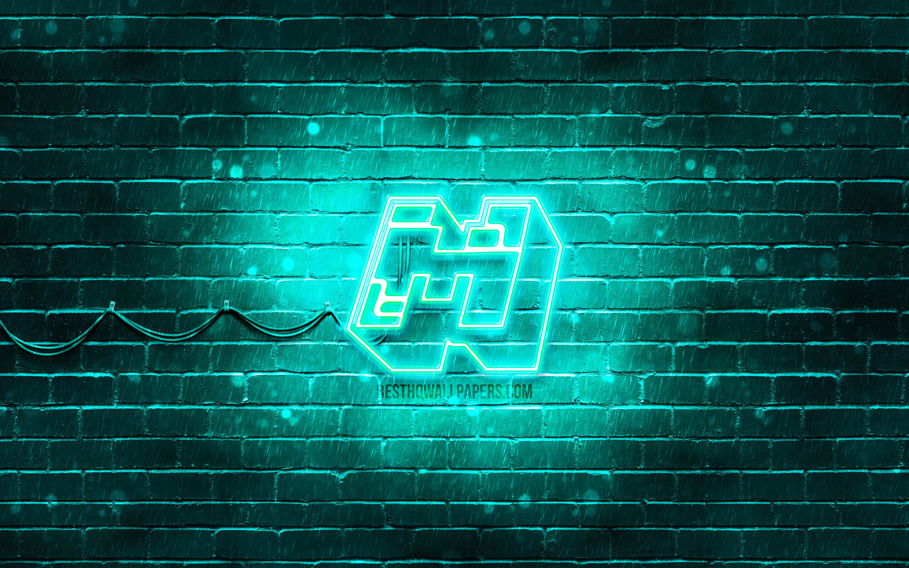 4k, turquoise brickwall, Minecraft logo .besthqwallpaper.com
