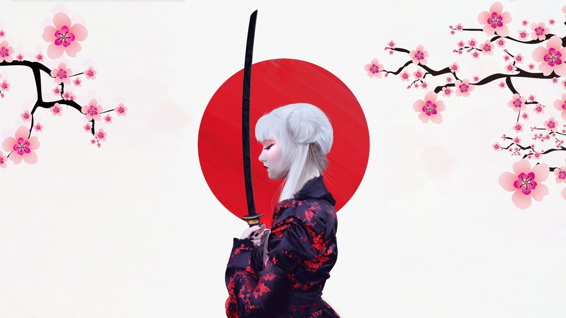Girl warrior, samurai, cherry blossom, art wallpaper, HD image, picture, background, cfc668
