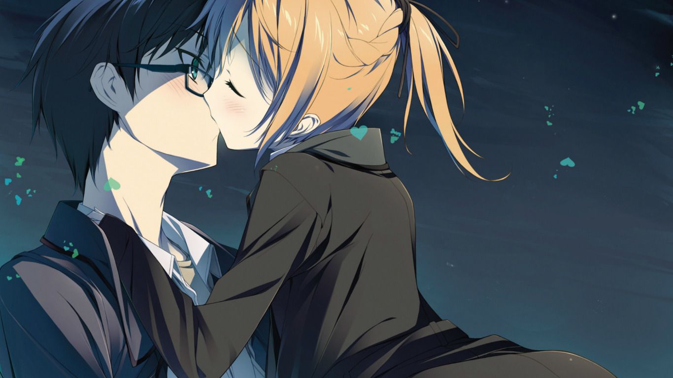wallpaper night, kiss, glasses, hearts .anime.goodfon.com