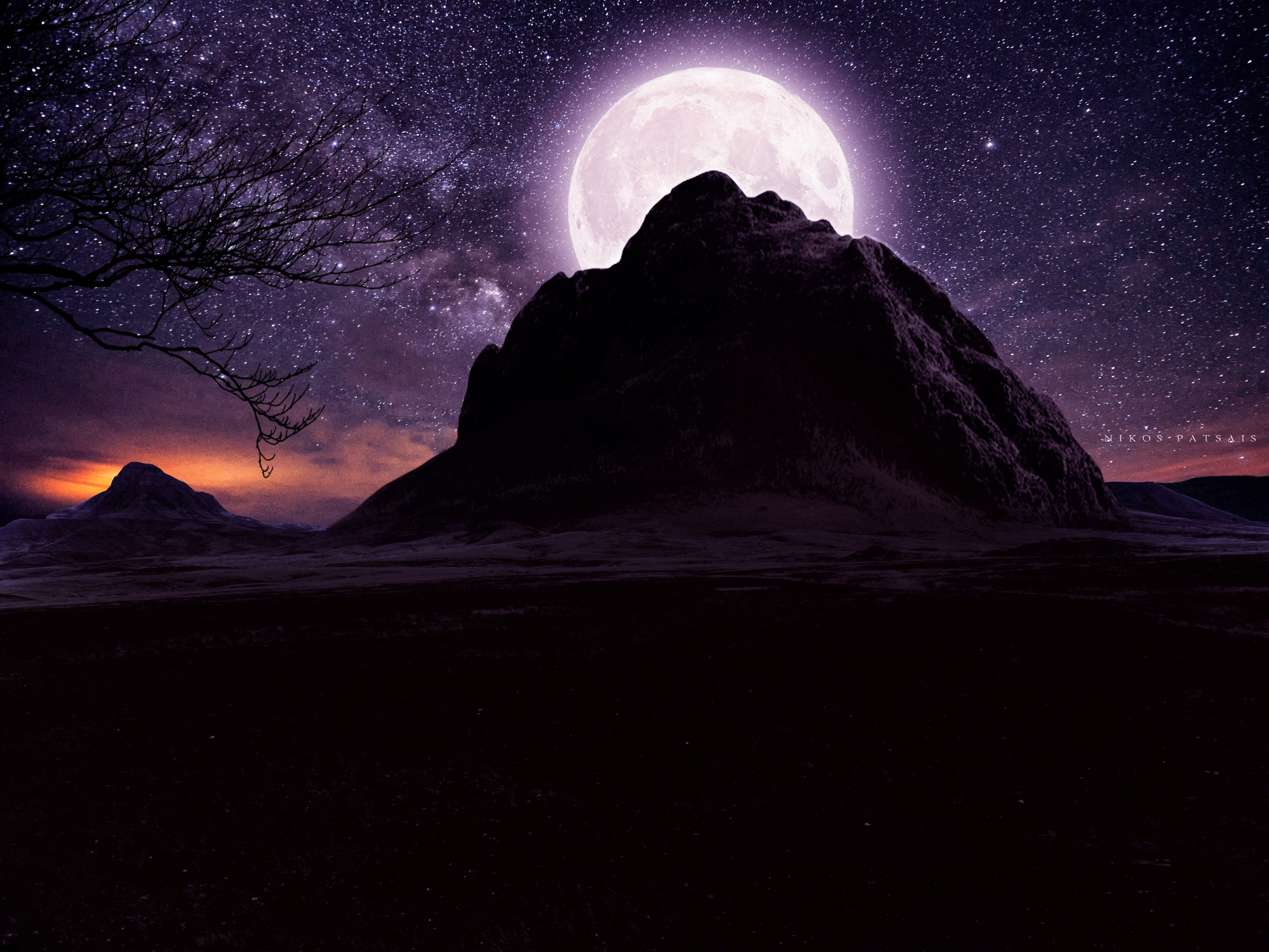 Artistic #Mountain #Minimalist #Moon #Nature #Night #4K #wallpaper