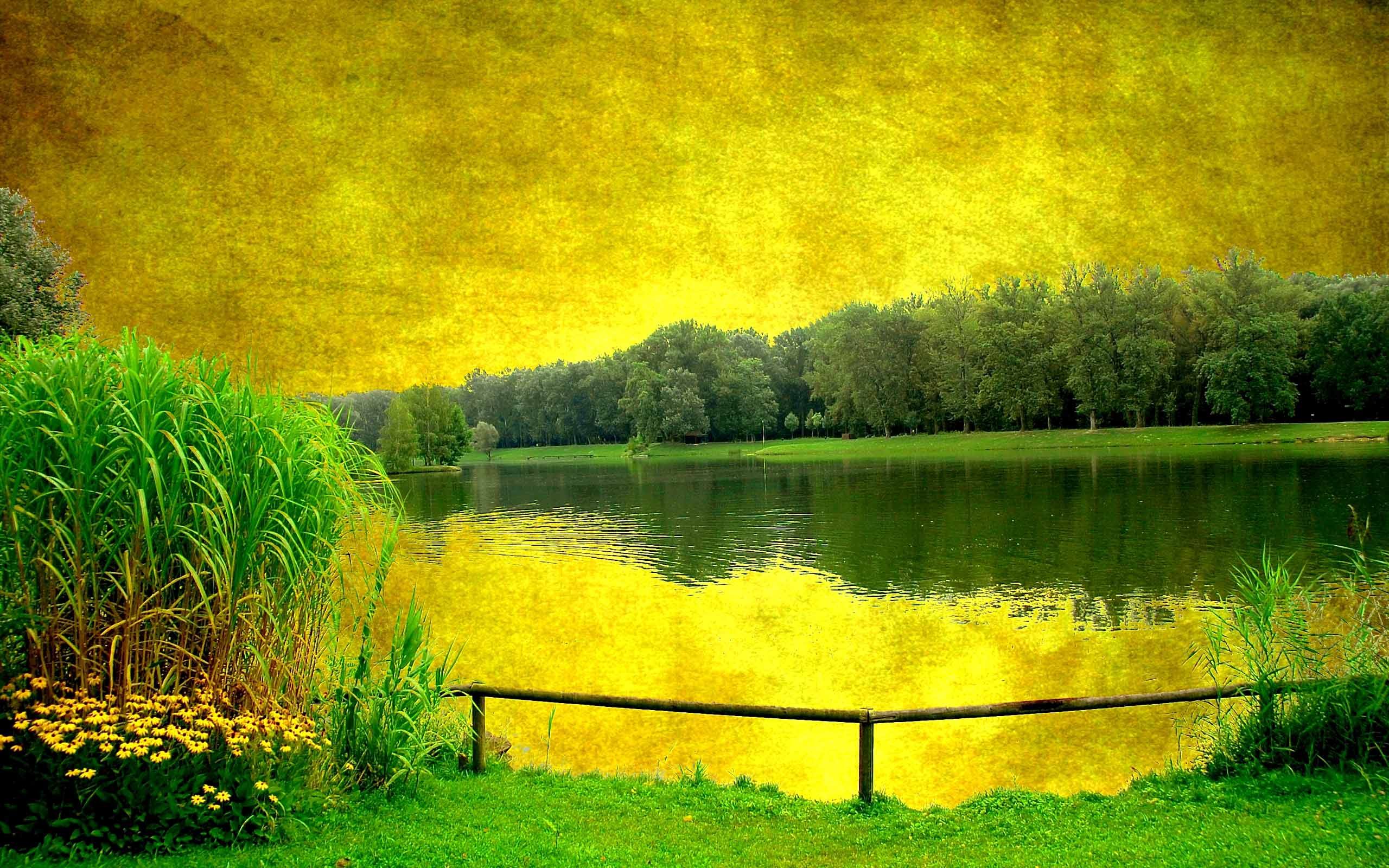 Yellow Sky Green Scenery Lake wallpapertock.net