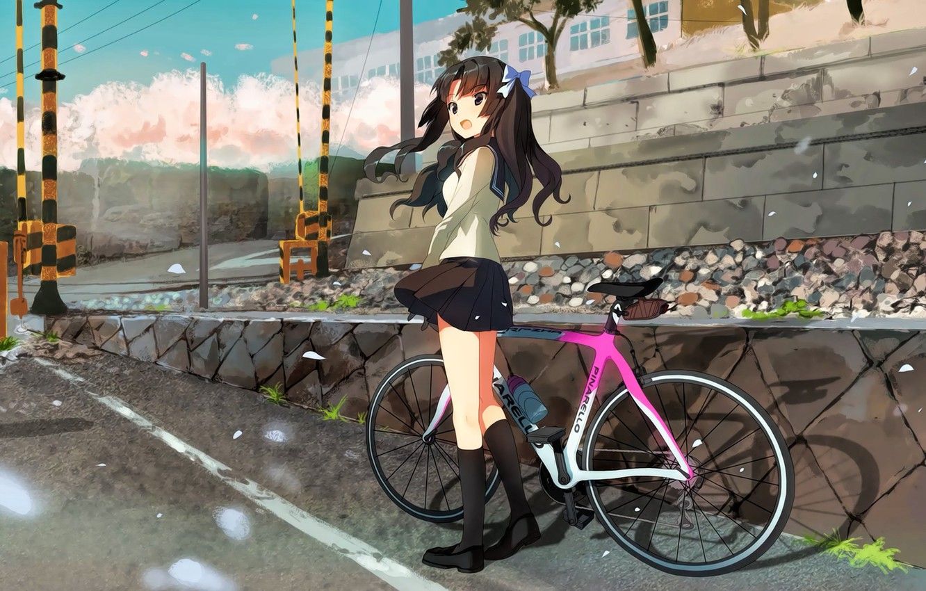 Wallpaper city, girl, bike, anime, street, japanese, bishojo, bike girl, by sanoboss image for desktop, section арт