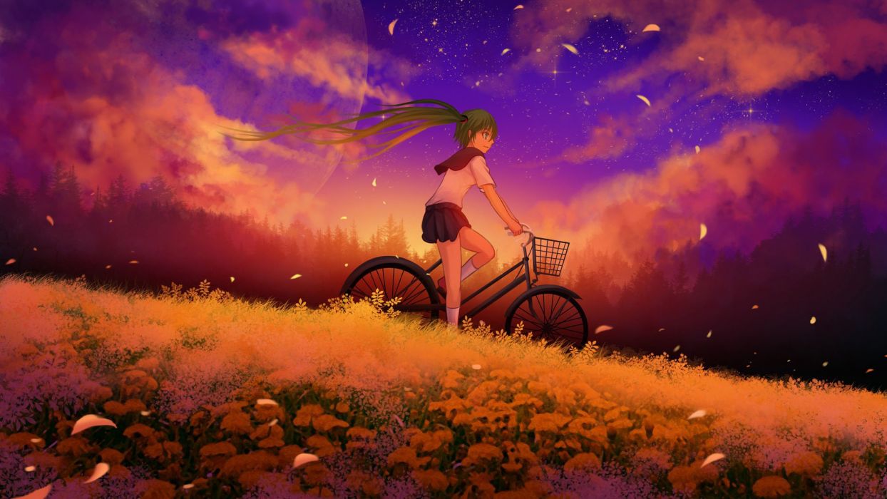 Anime girl bike sky flower wallpaper .wallpaperup.com