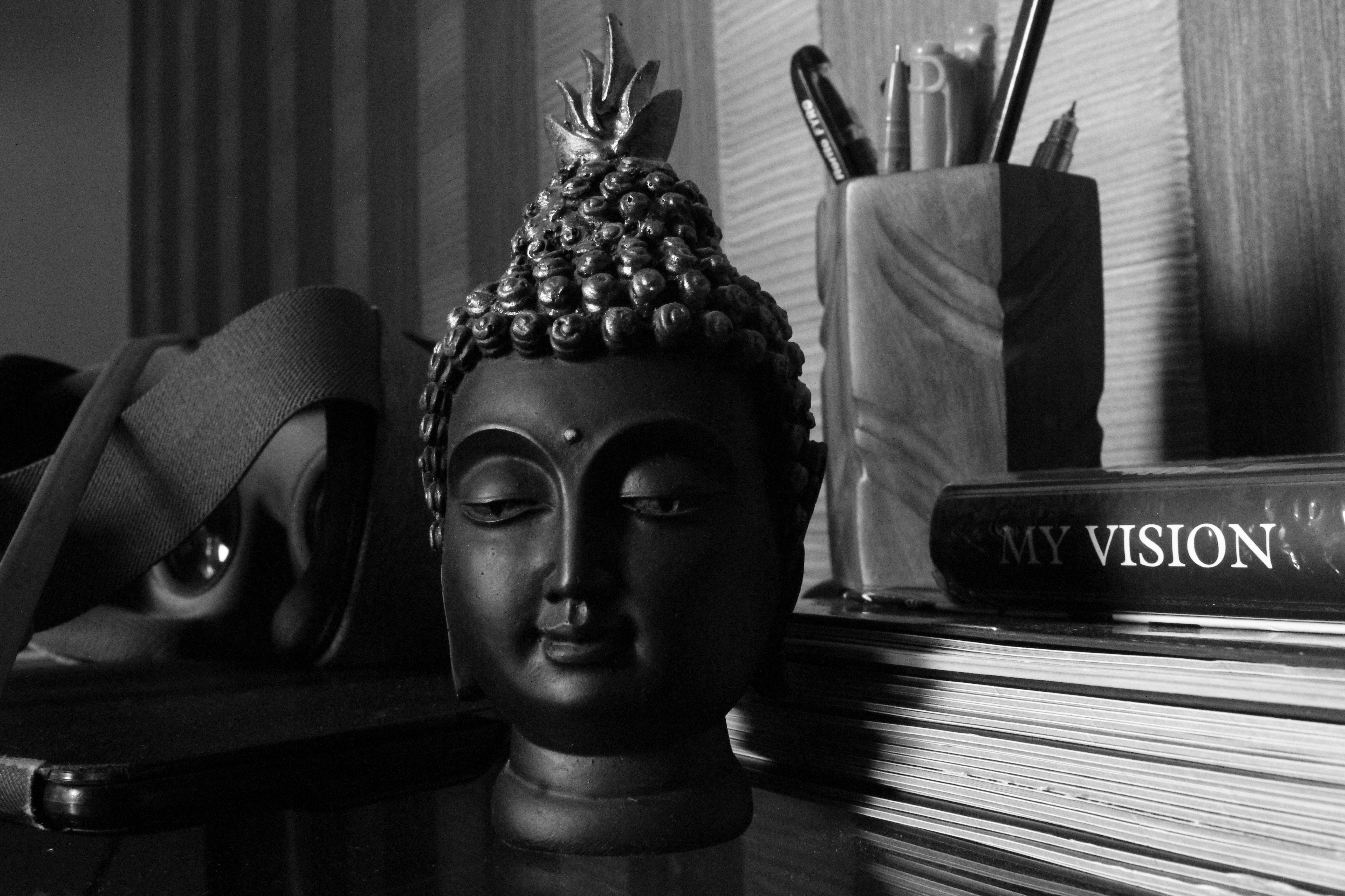 black and white, buddha, visionpexels.com