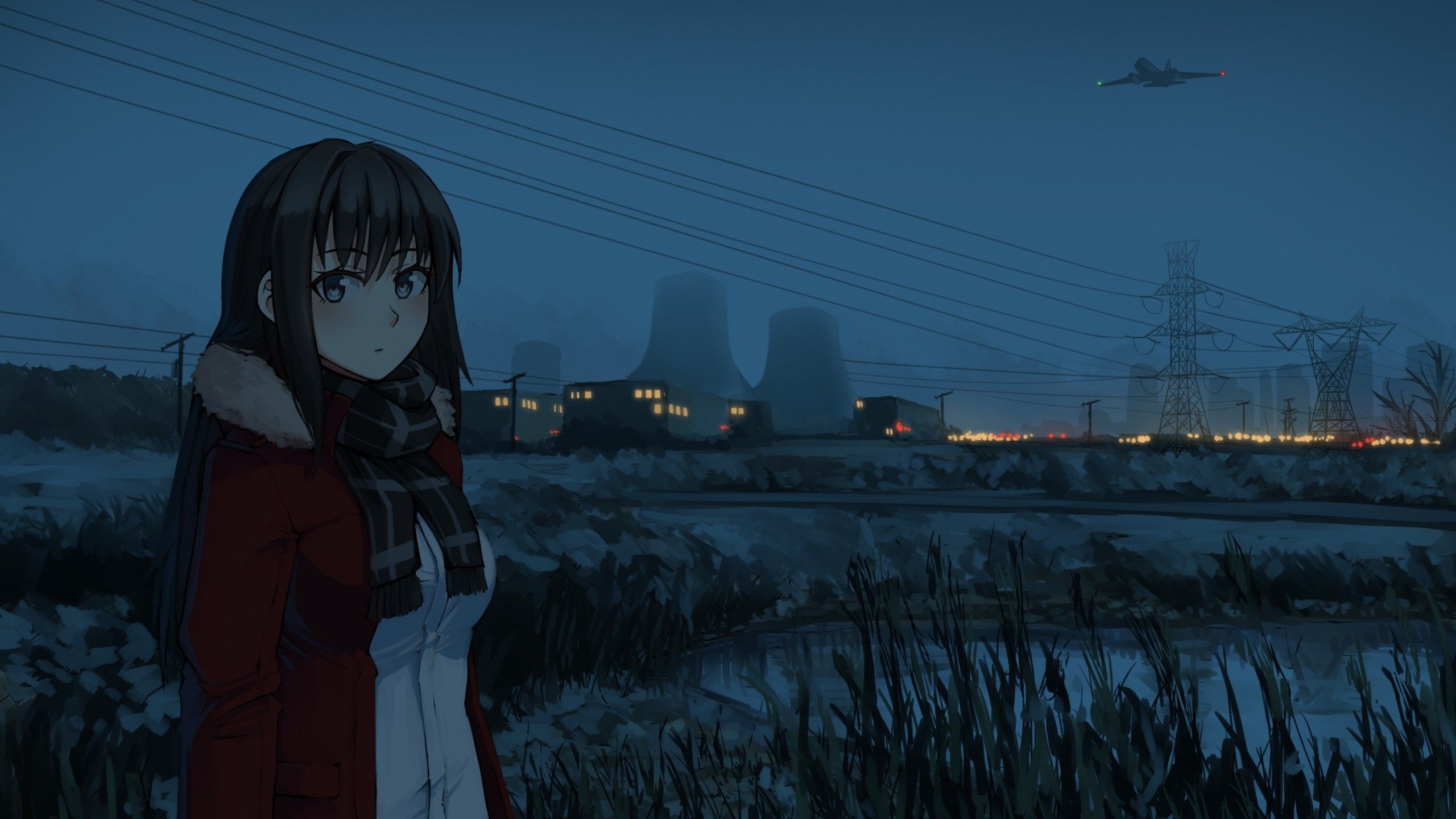 Download 2560x1440 Anime Girl, Airplane, Night, Scarf, Winter, Field, Short Hair, Industrial Buildings Wallpaper for iMac 27 inch
