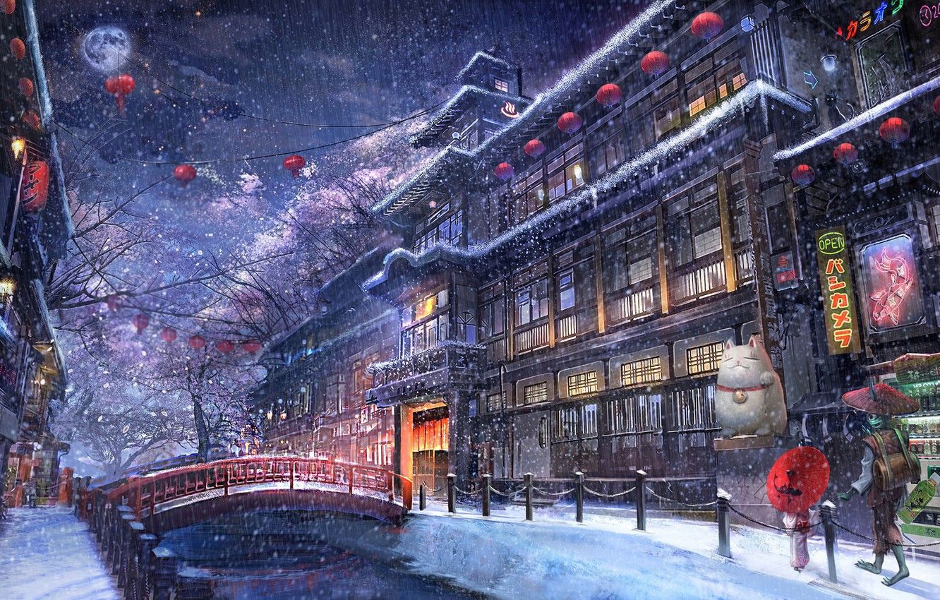 Wallpaper winter, the city, anime, walk image for desktop, section арт