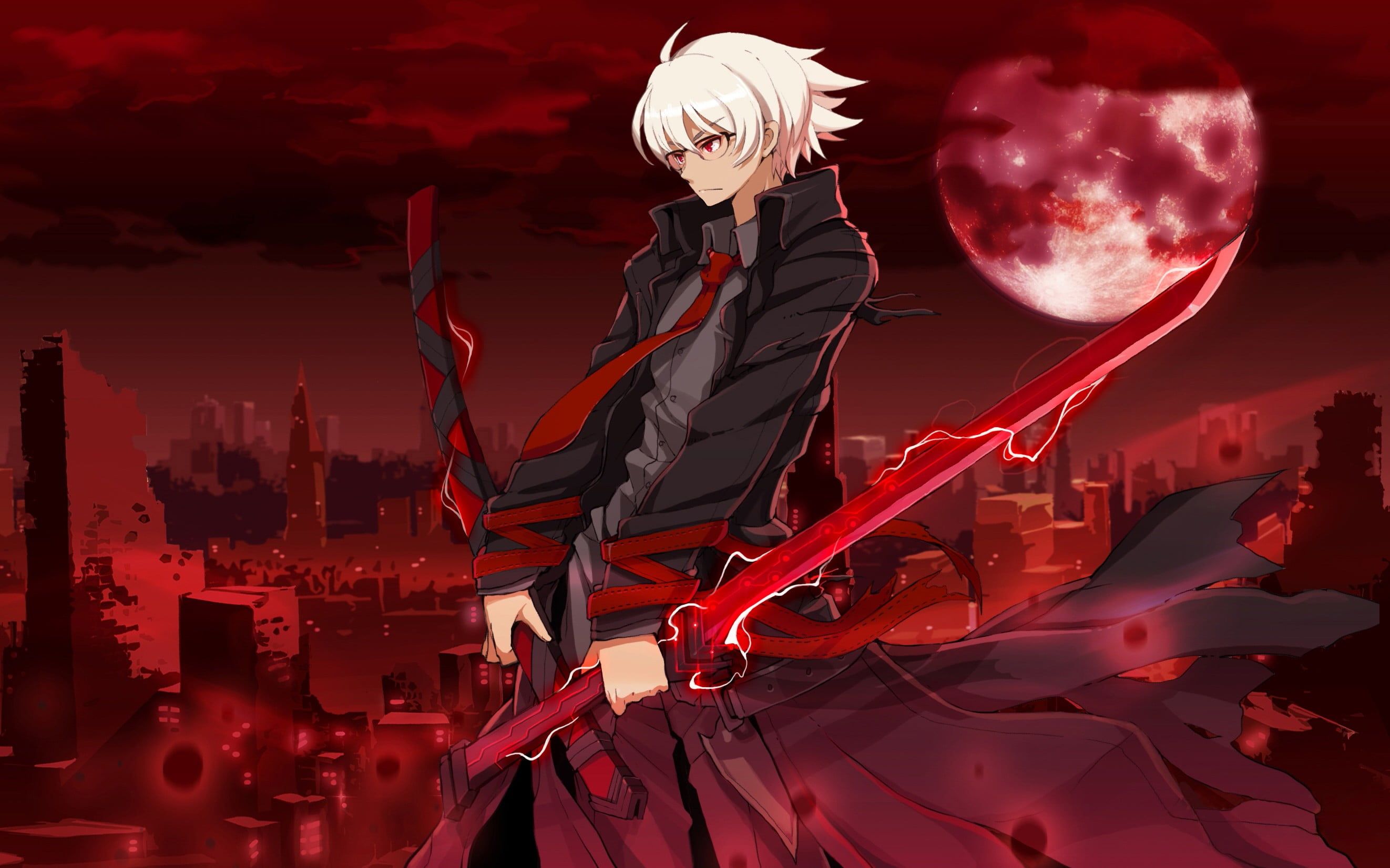 digital art Soul Worker #anime anime boys #sword #katana #Moon white hair #glasses red eyes Laban (Soul Worker) K #wallpaper. Anime boy, Anime, Anime characters